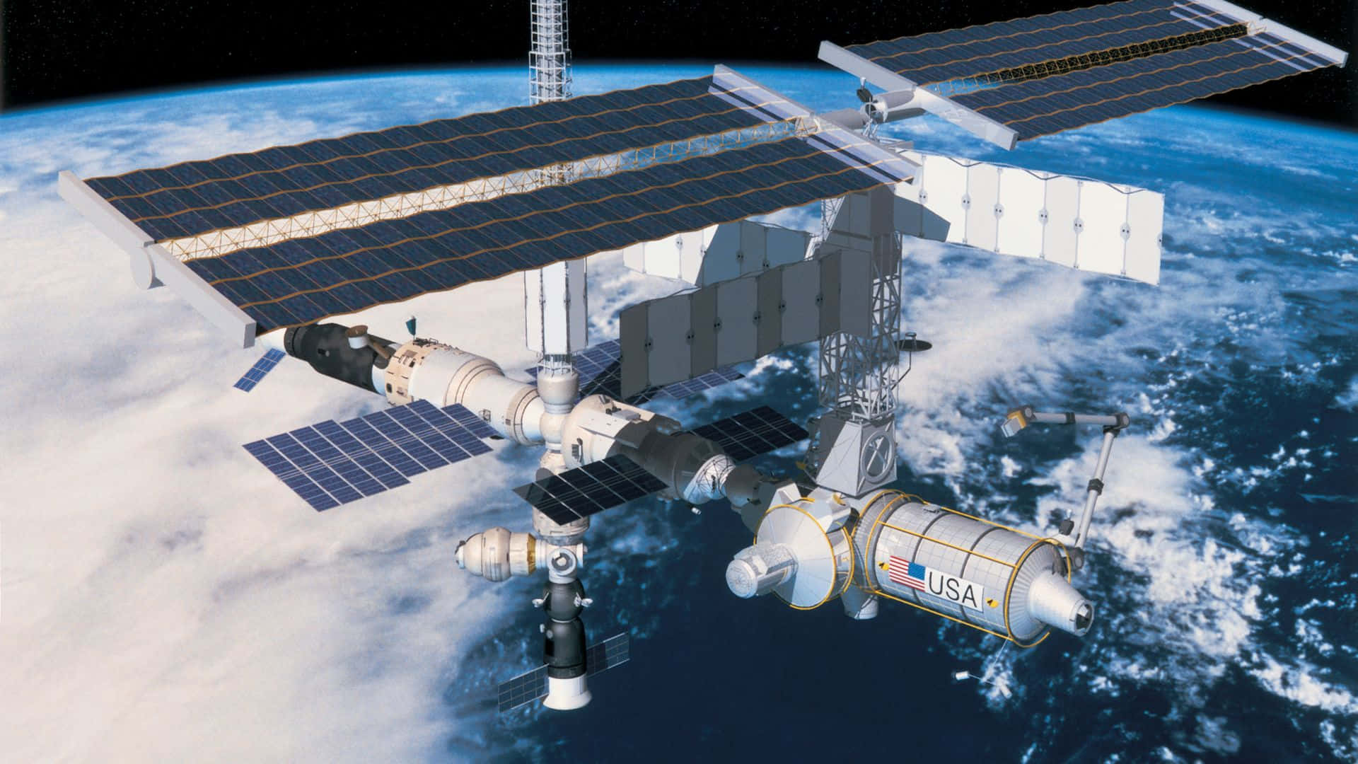 Live Space 桌布 壁紙 — 一個詳細的3D渲染，顯示國際太空站帶有太陽能電池板，在繁星點點的黑色天空中繞地球運行。