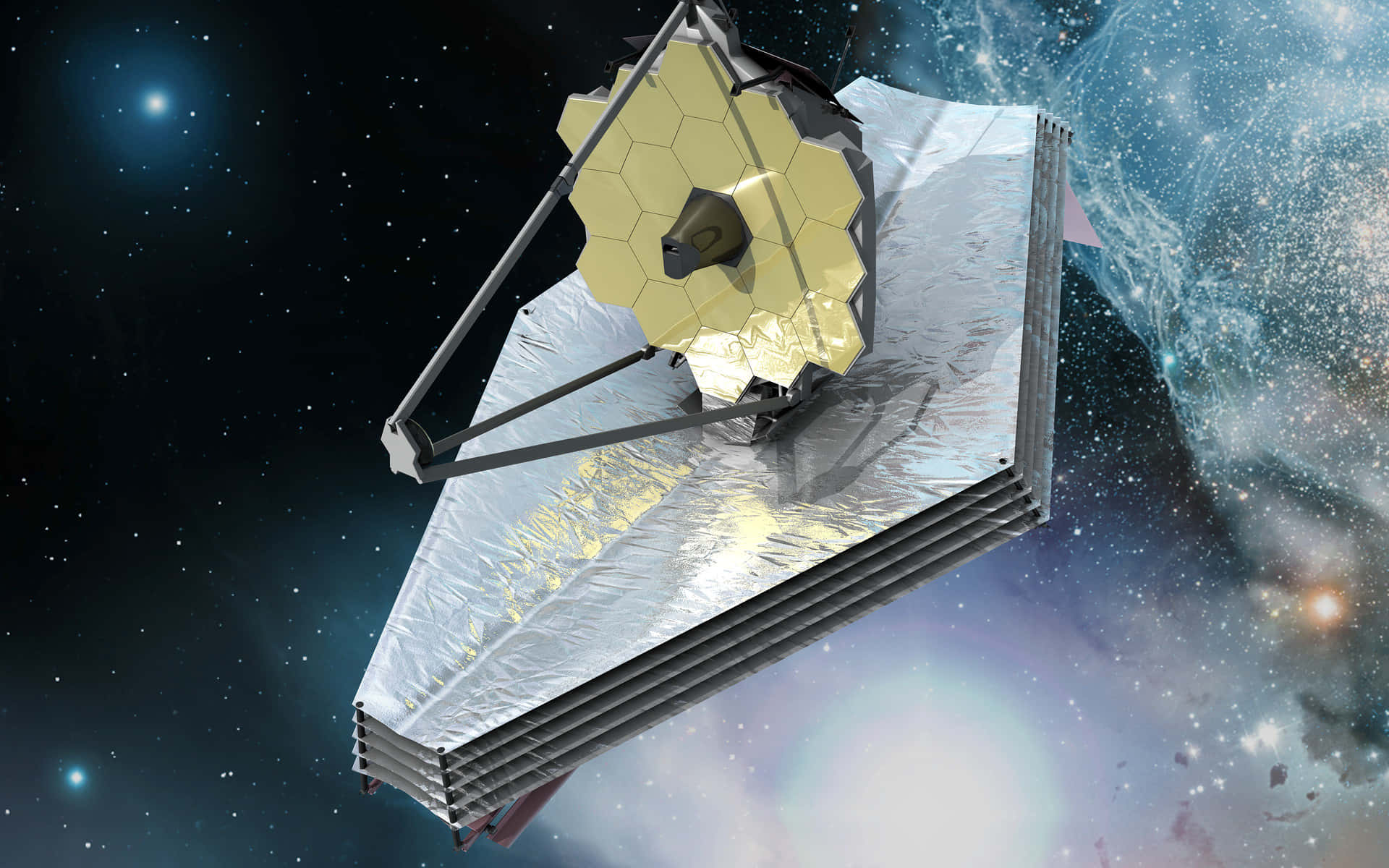 Telescope 桌布 壁紙 — 一個詳細的3D渲染，顯示詹姆斯·韋伯太空望遠鏡在深空中漂浮，背景是星星和色彩繽紛的星雲。