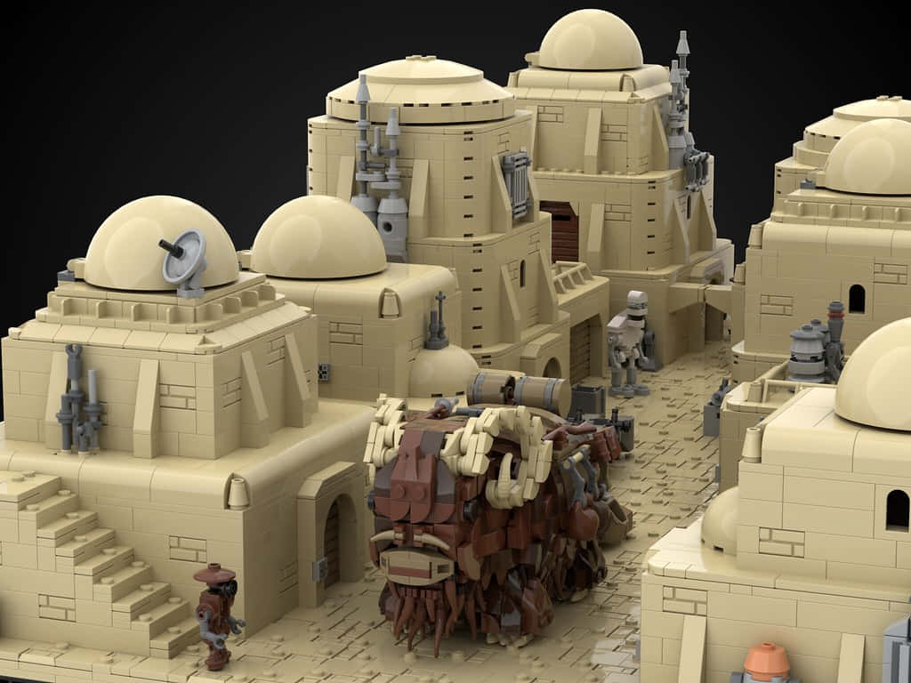 Mos Eisley 桌布 壁紙 — 一個詳細的3D渲染LEGO模型，展示了一個沙漠城市，擁有圓頂建築和一隻大型機械生物在鵝卵石街道上。