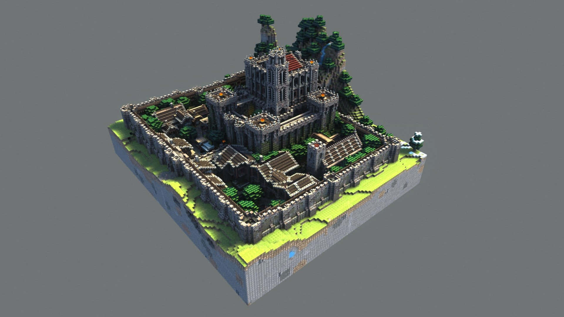 Minecraft Castles 桌布 壁紙 — 一個詳細的3D渲染中世紀城堡，帶有石牆和綠植，建在一個浮島上，背景為純灰色。