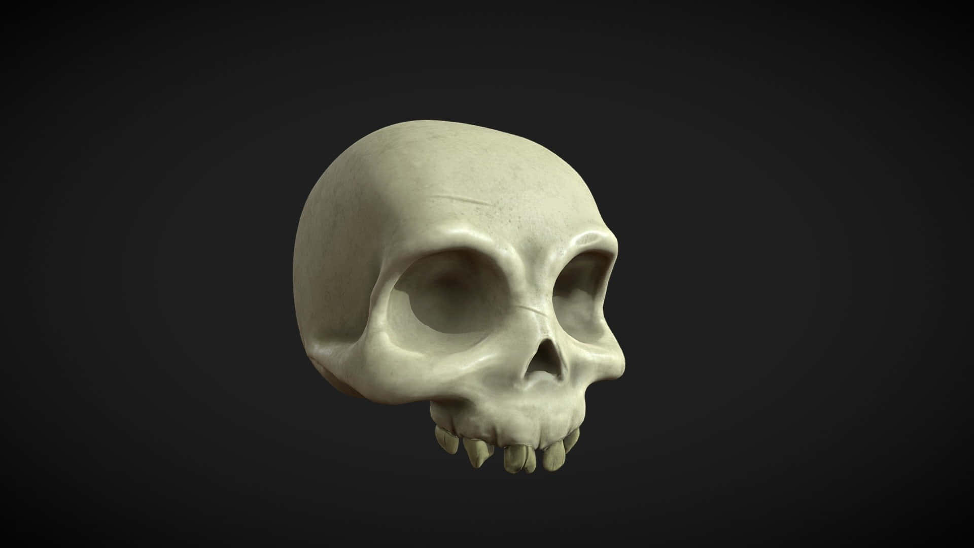 3d Skull 桌布 壁紙 — 一個詳細的3D渲染人類頭骨，帶有可見的牙齒，漂浮在深色漸變背景上。