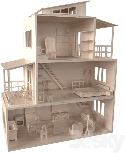 Toy 桌布 壁紙 — 一個詳細的3D渲染剖面圖，展示多層木製娃娃屋內有家具的房間和樓梯。