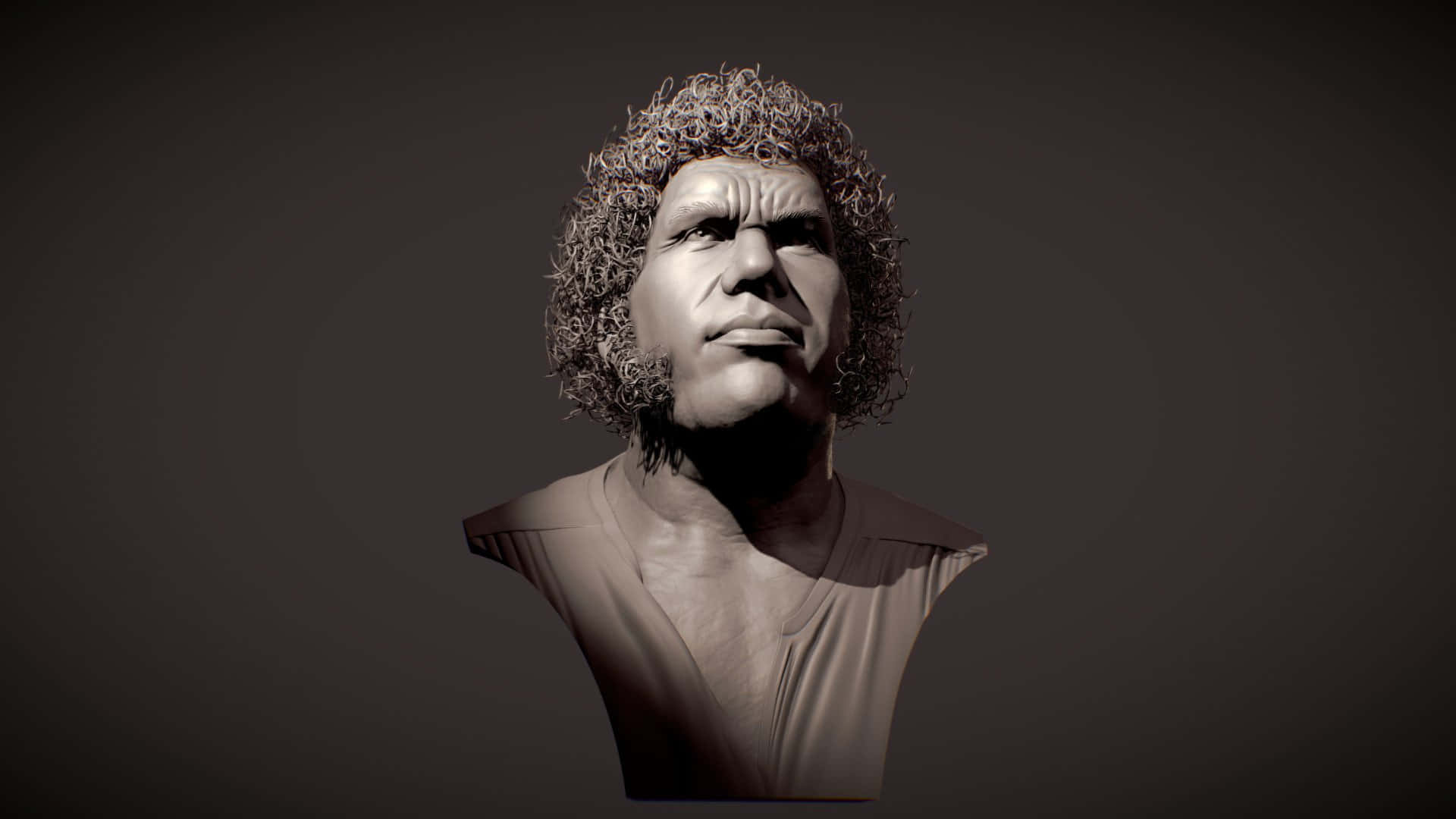 statue 桌布 壁紙 — 一個詳細的3D渲染半身像，描繪一個捲髮、表情強烈的男子，背景為深色漸變。