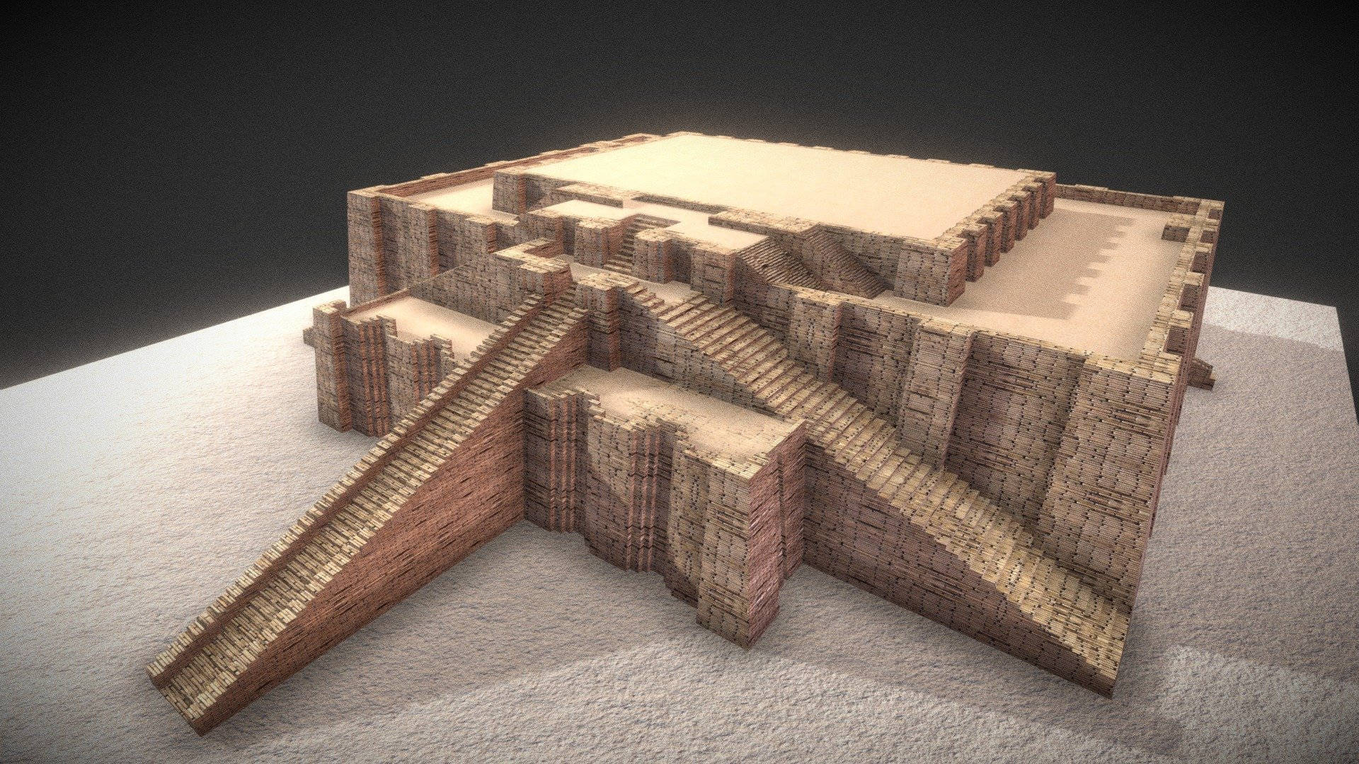 鄉村 桌布 壁紙 — 一個詳細的3D渲染古代階梯金字塔模型，帶有磚塊紋理和多個樓梯，位於中性平台上。
