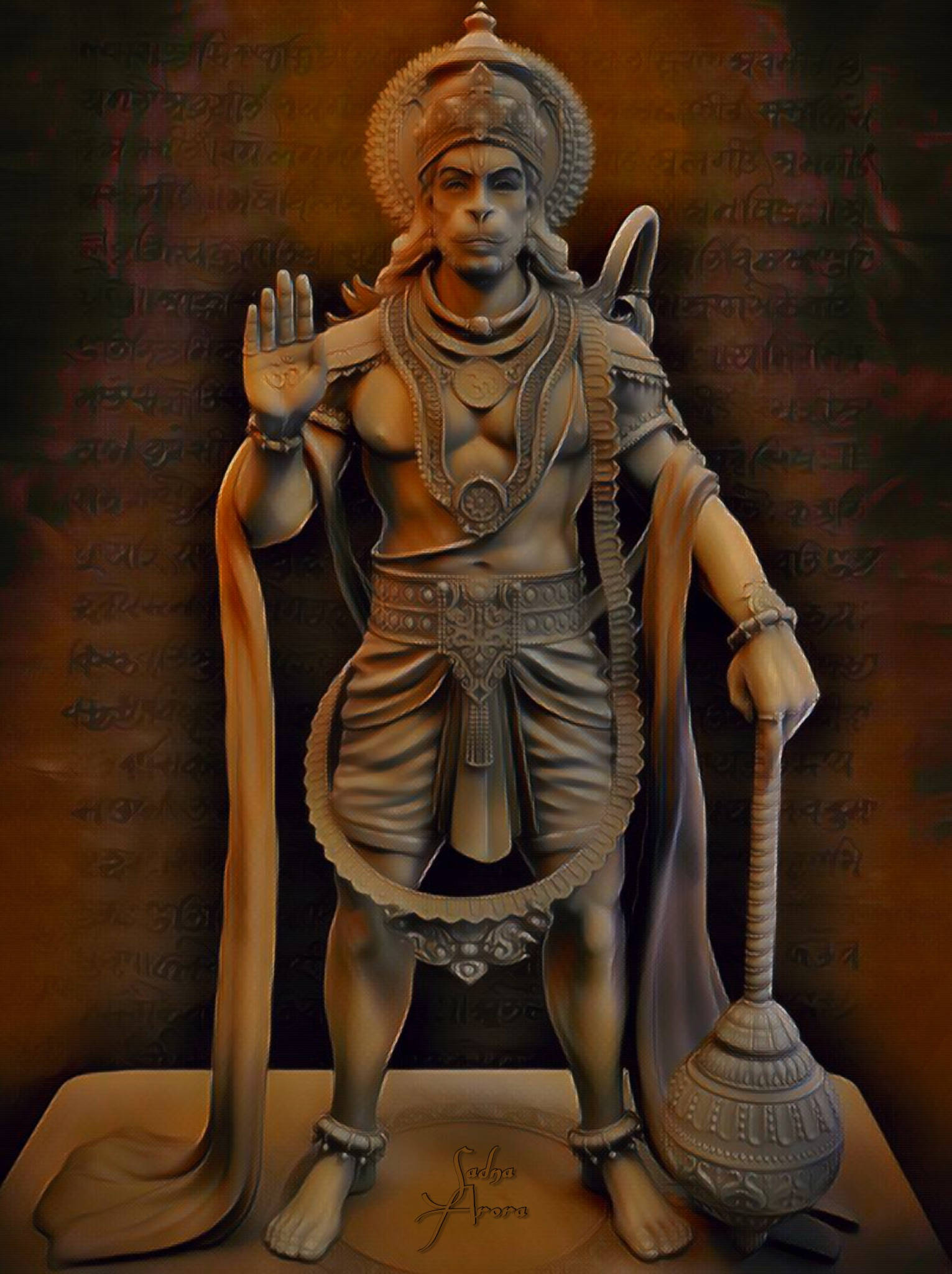 桌布 壁紙 — 一個詳細的3D渲染哈努曼雕像，以英雄姿勢手持狼牙棒和舉起的手，背景是古代文字。