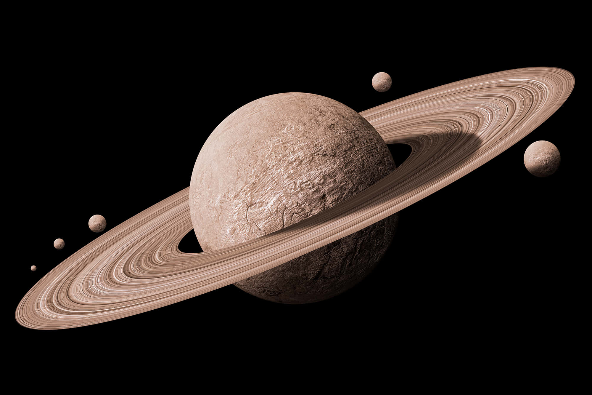 土星 桌布 壁紙 — 一個詳細的3D渲染圖，展示土星及其標誌性的光環和衛星，背景為黑色虛空。