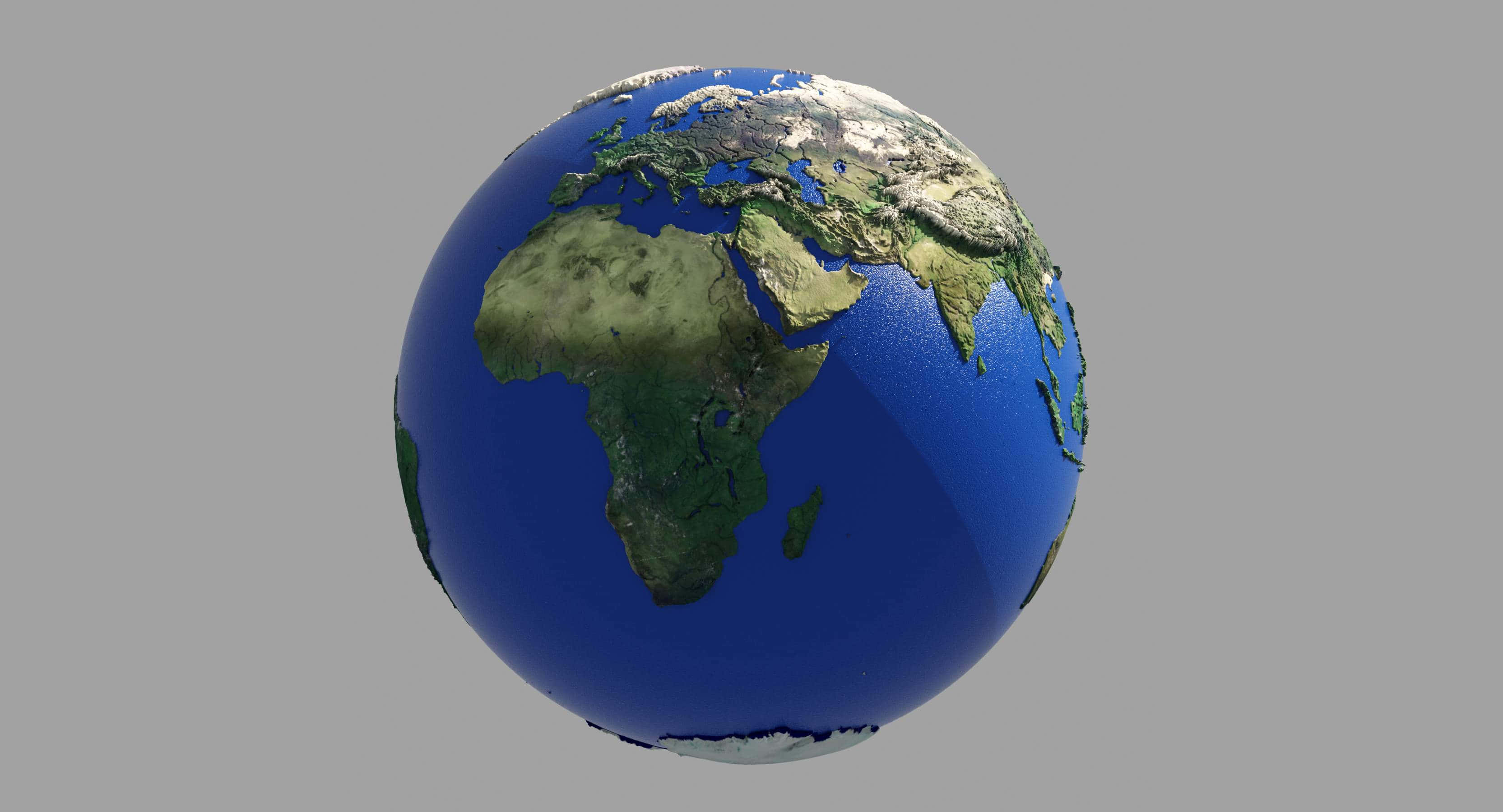 3d Earth 桌布 壁紙 — 一個詳細的3D渲染地球儀，以非洲和歐洲為中心，背景為純灰色。