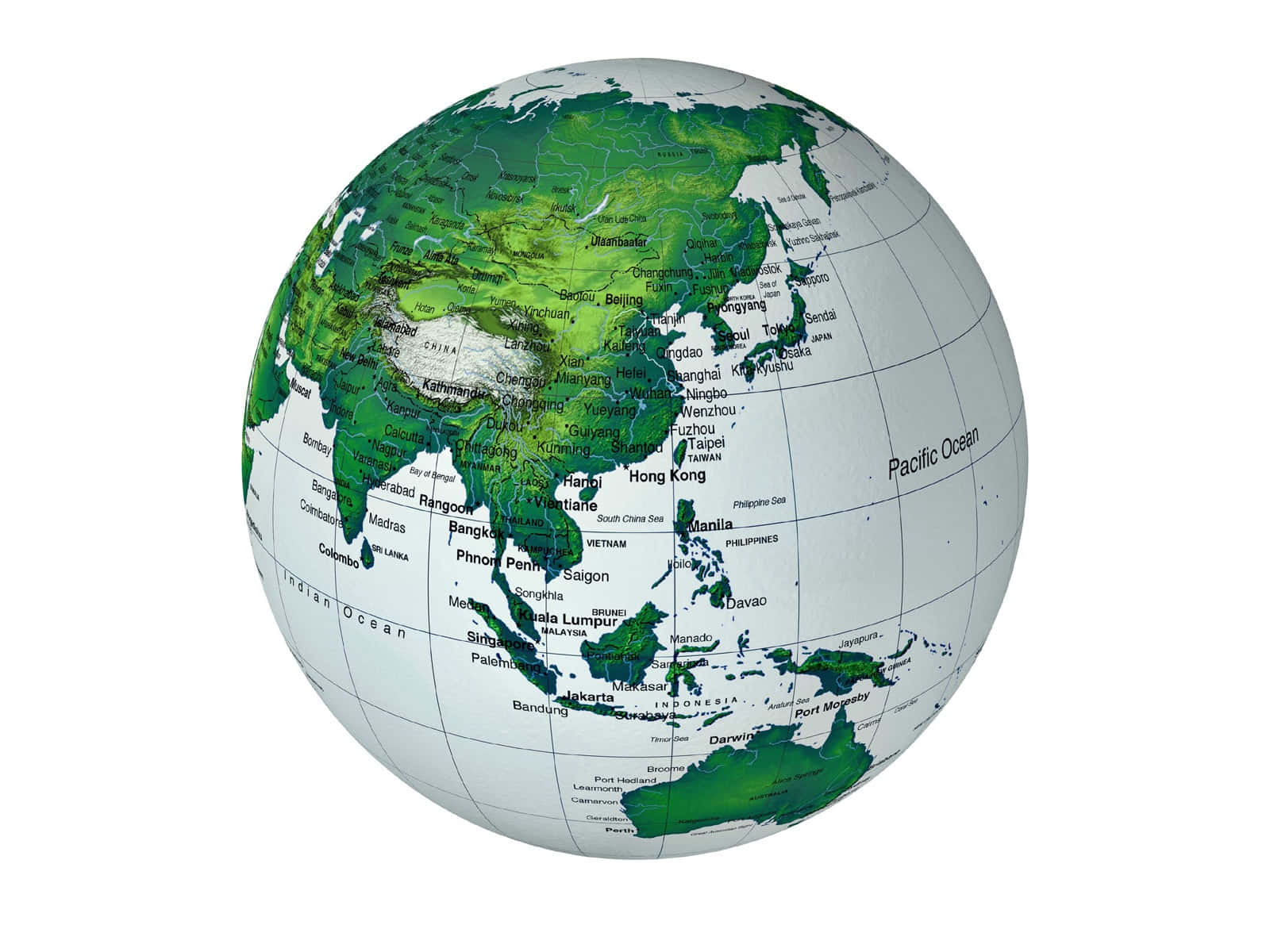World 桌布 壁紙 — 一個詳細的3D渲染地球儀，突出亞洲，綠色陸地及標記城市，背景為白色。