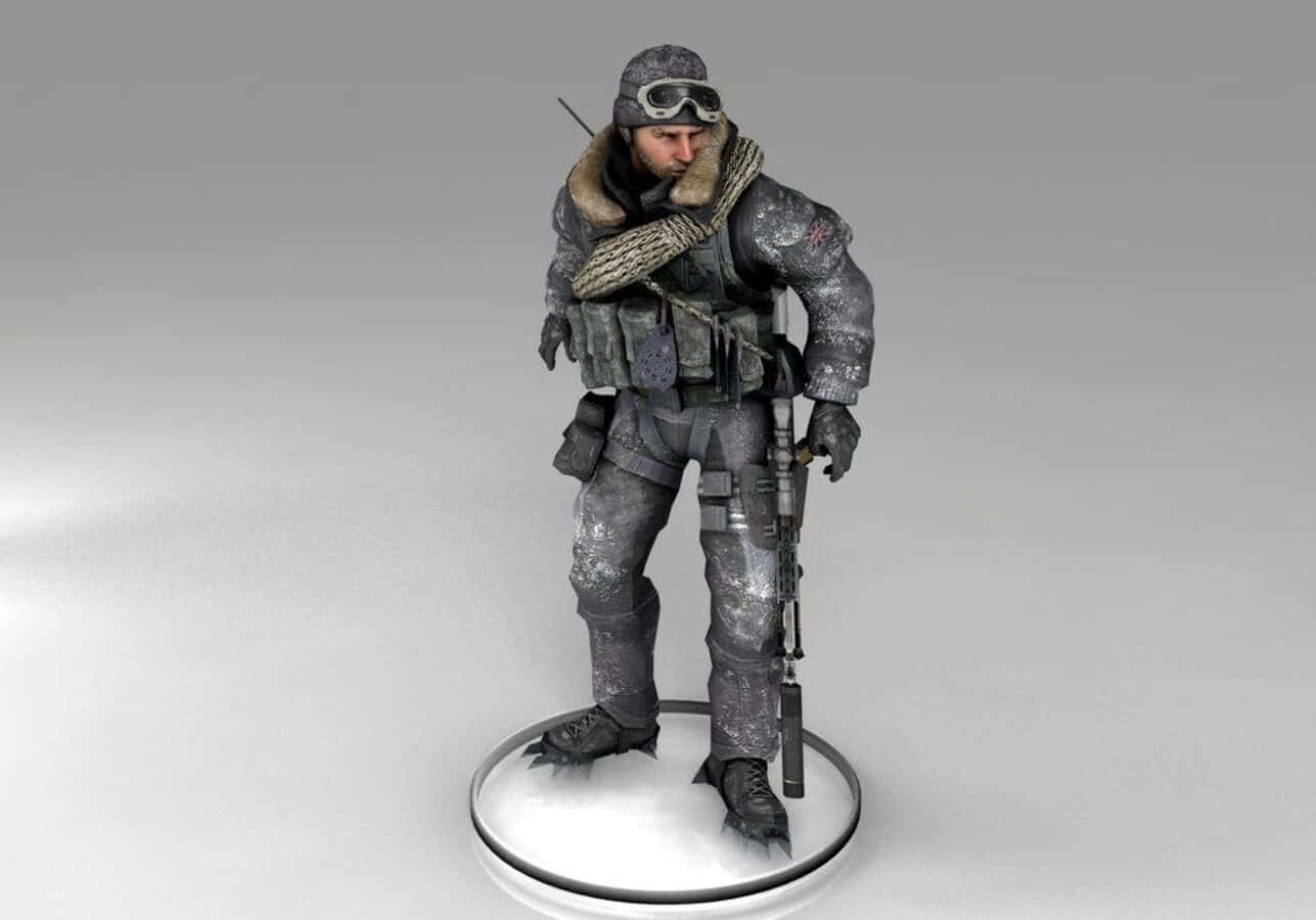 Soap Mactavish 桌布 壁紙 — 一個詳細的3D渲染士兵人偶，穿著冬季裝備，在圓形底座上警覺地站立，背景為純灰色。