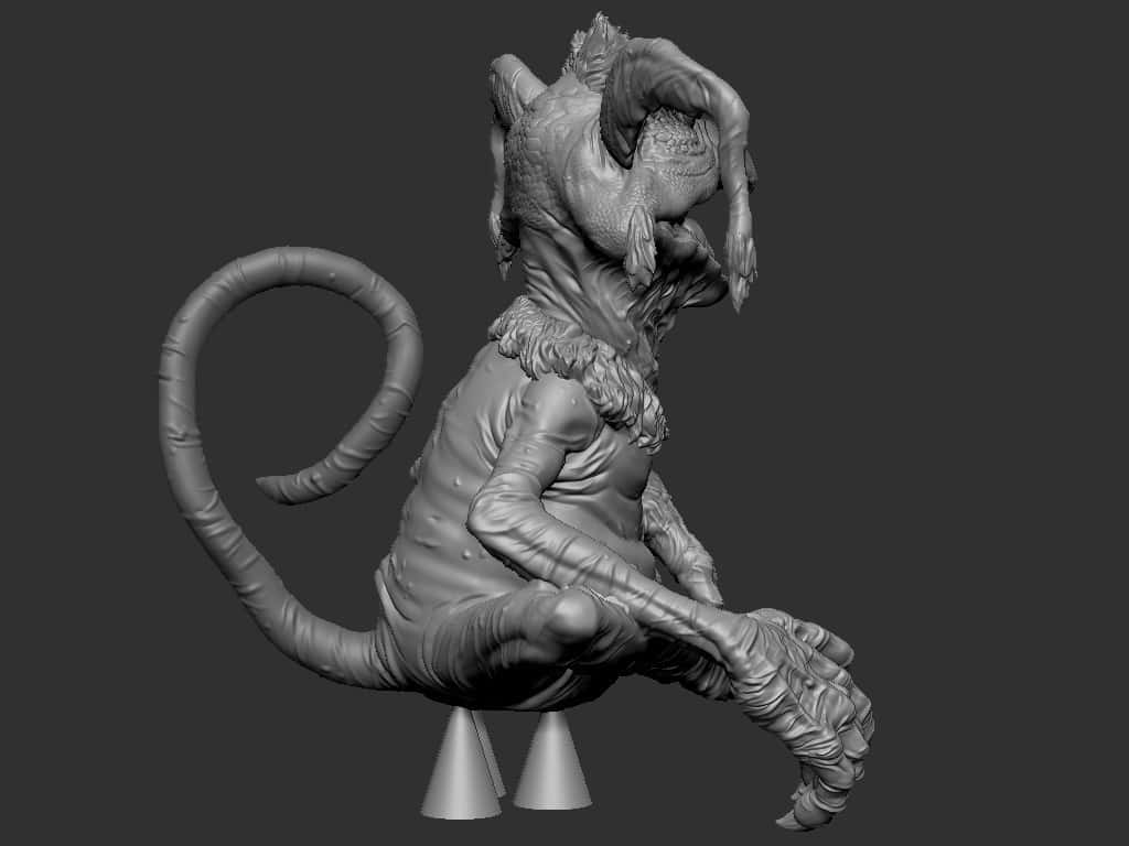 3D 桌布 壁紙 — 一個詳細的3D渲染奇幻生物，擁有長長的盤繞尾巴和紋理皮膚，坐在展示架上，背景為深灰色。