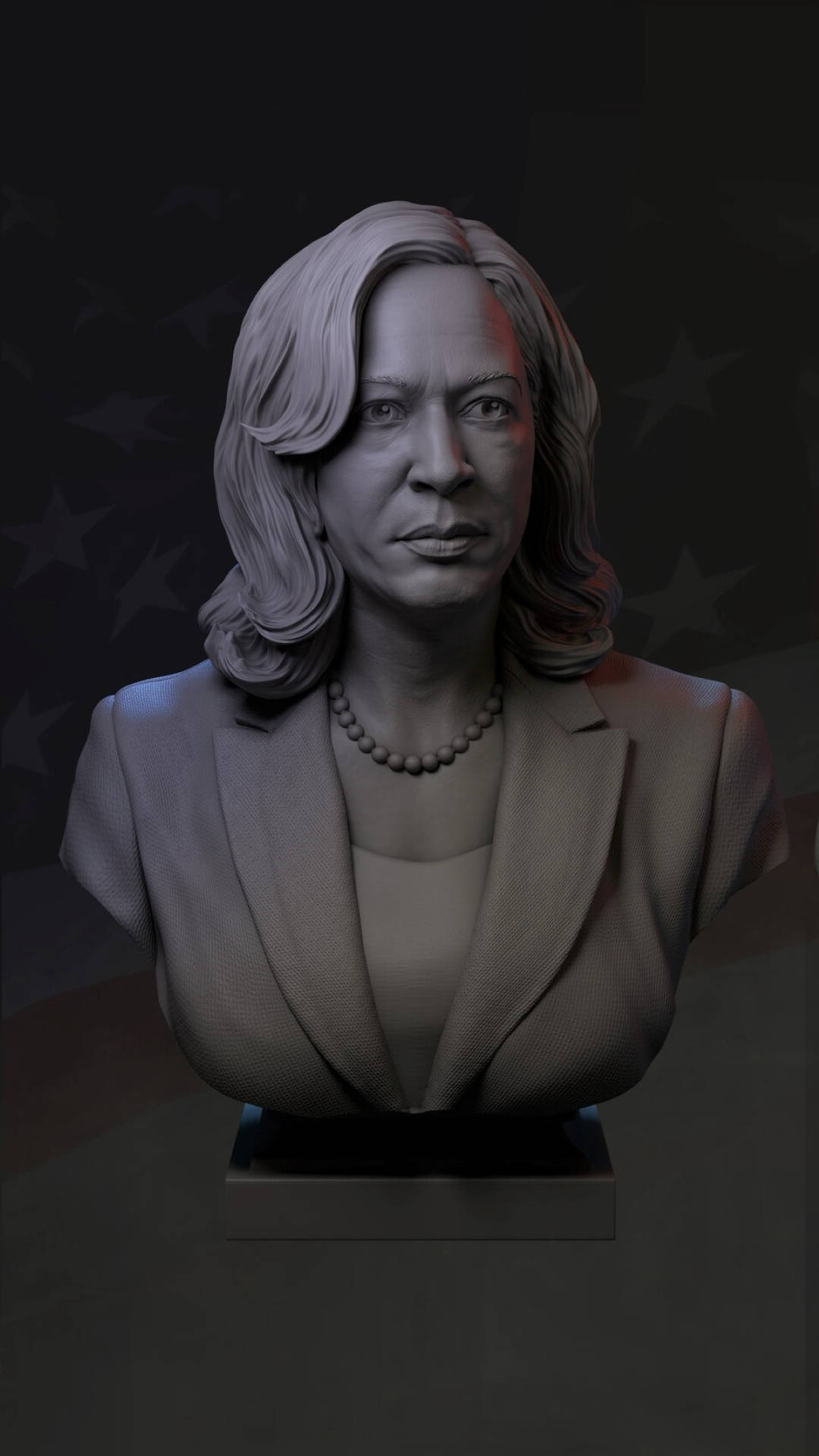 Kamala Harris 桌布 壁紙 — 一個詳細的3D渲染女性半身像，頭髮及肩，穿著西裝外套和珍珠項鍊，背景為深色星星圖案。