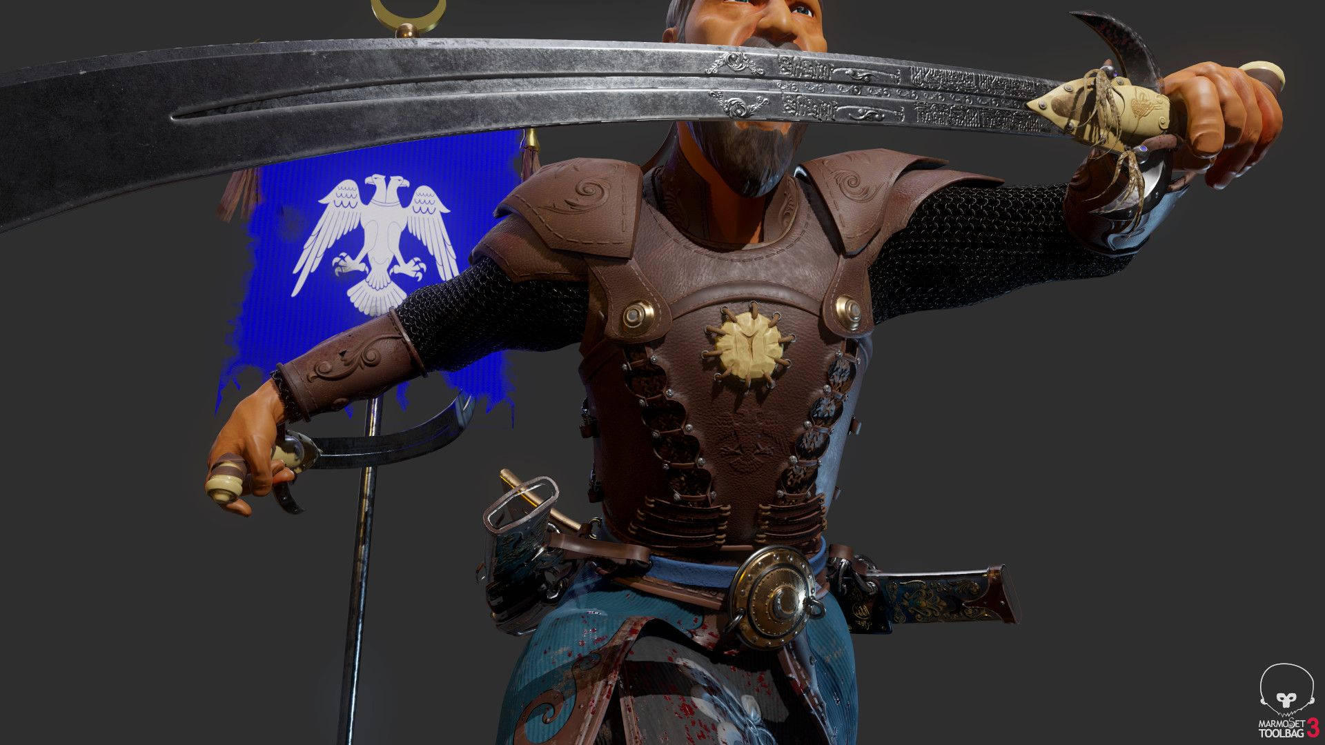 Ertugrul 桌布 壁紙 — 一個詳細的3D渲染戰士，身穿華麗的棕色盔甲，揮舞著彎曲的劍，同時手持一面帶有白色鷹的藍色旗幟。