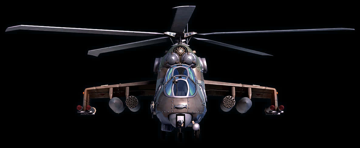 Aircraft 桌布 壁紙 — 一個詳細的3D渲染攻擊直升機，帶有旋翼葉片和安裝的武器，正面顯示在黑色背景上。