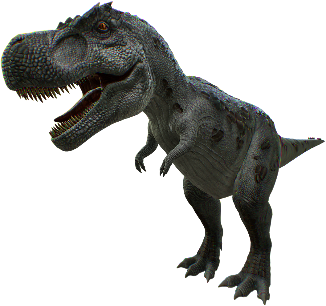 Tyrannosaurus Rex 桌布 壁紙 — 一個詳細的3D渲染暴龍，具有紋理灰色皮膚和鋒利牙齒，站在黑色背景前。
