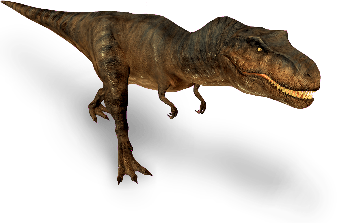 T Rex Dinosaur 桌布 壁紙 — 一個詳細的3D渲染暴龍，帶有紋理的棕色皮膚和鋒利的牙齒，站在黑色背景前。