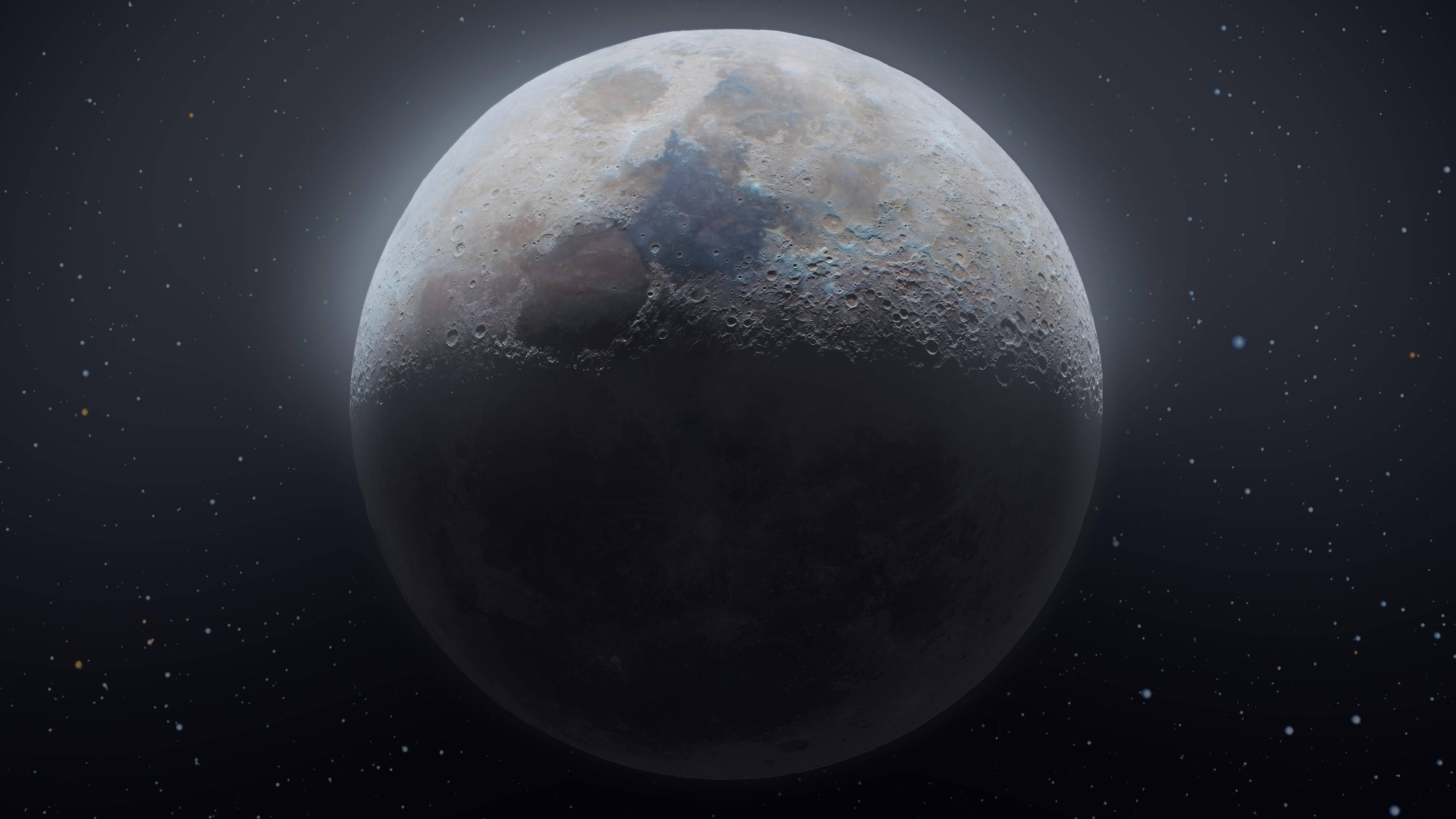 moonlight 4K 桌布 壁紙 — 一個詳細的3D渲染月球，帶有隕石坑和月海，在星空中柔和發光。