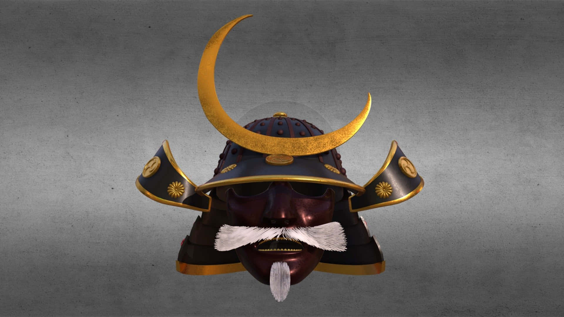 Samurai Helmet 桌布 壁紙 — 一個詳細的3D渲染武士頭盔，帶有金色新月和白色鬍鬚，背景為灰色紋理。