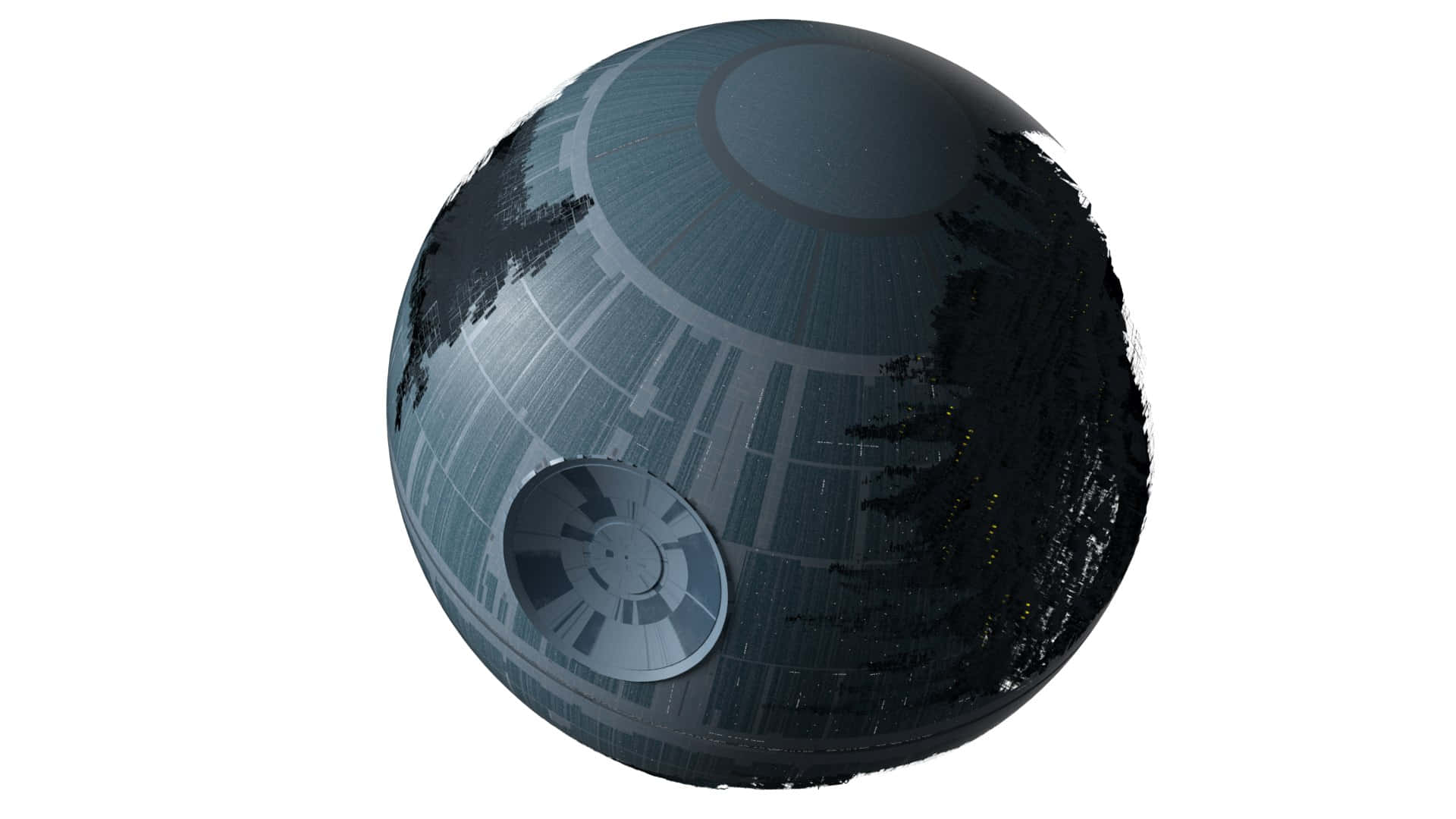 Death Star Ii 桌布 壁紙 — 一個詳細的3D渲染死星，具有可見的表面紋理和突出的圓形戰壕，背景為白色。
