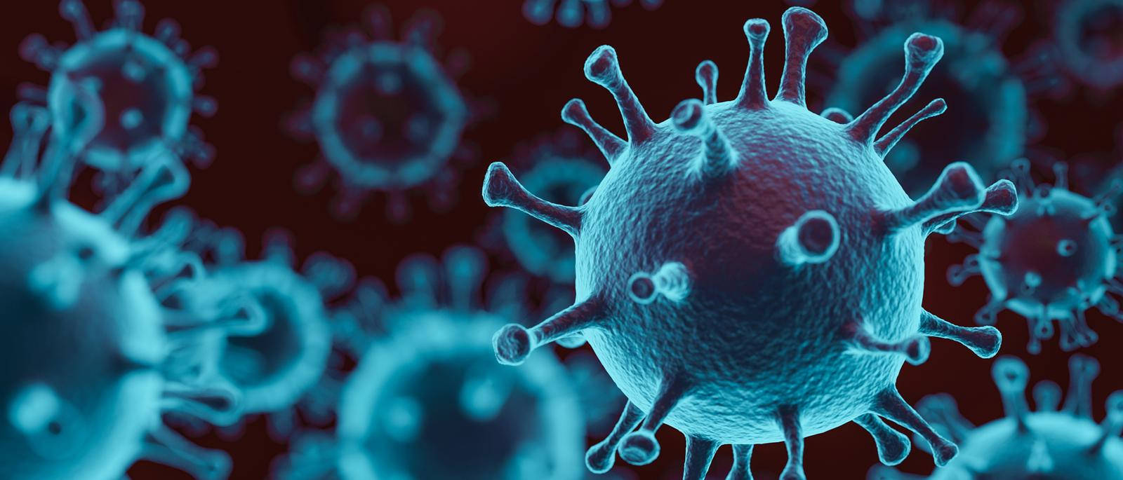 Coronavirus 桌布 壁紙 — 一個詳細的3D渲染病毒粒子，其刺突蛋白在深紅色背景上發出藍色光芒。