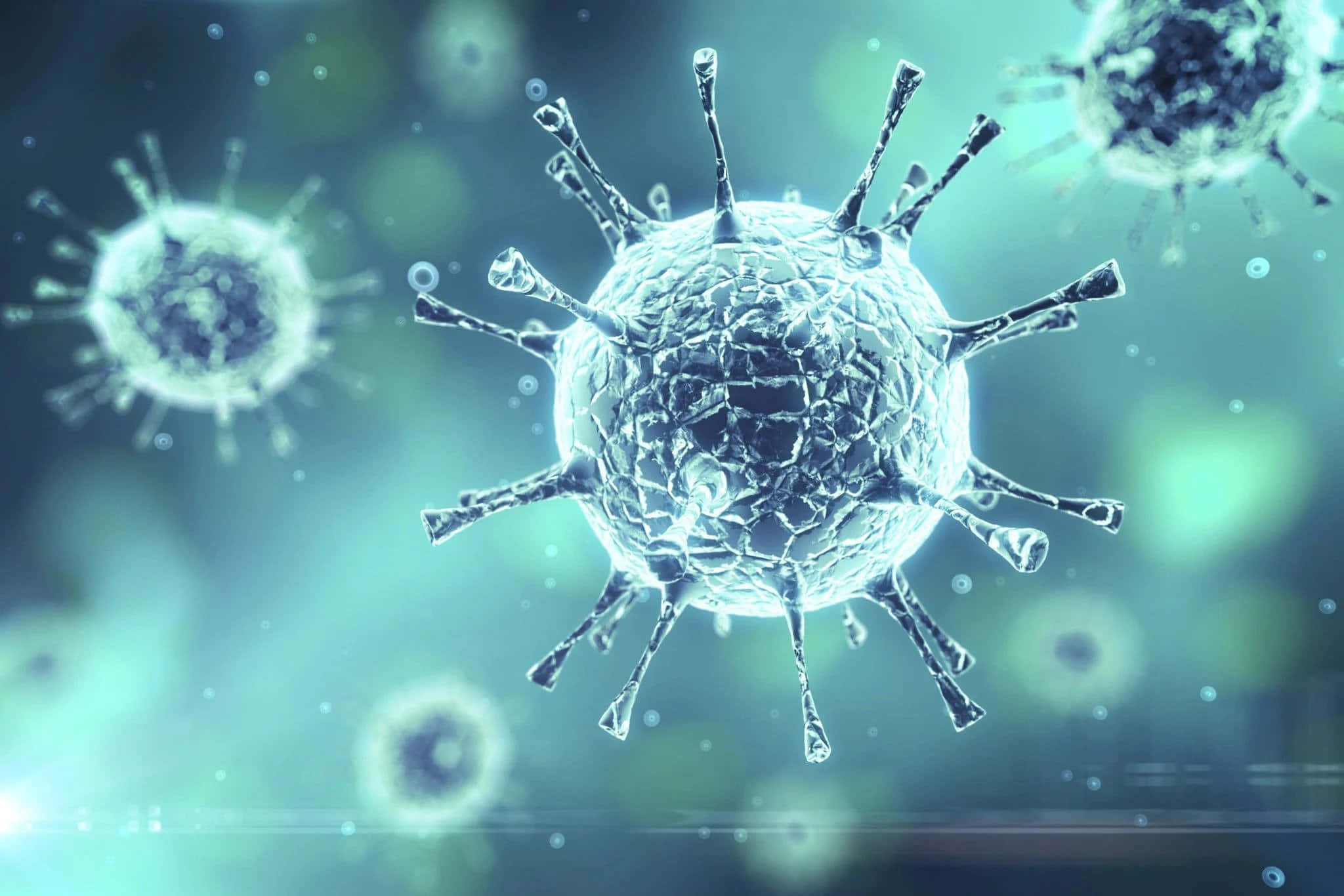 Coronavirus 桌布 壁紙 — 一個詳細的3D渲染病毒粒子，帶有尖刺突起，漂浮在發光的青綠色背景中。