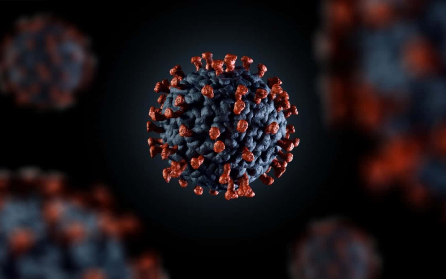 Coronavirus 桌布 壁紙 — 一個詳細的3D渲染病毒粒子，帶有紅色刺突蛋白，背景為深色。