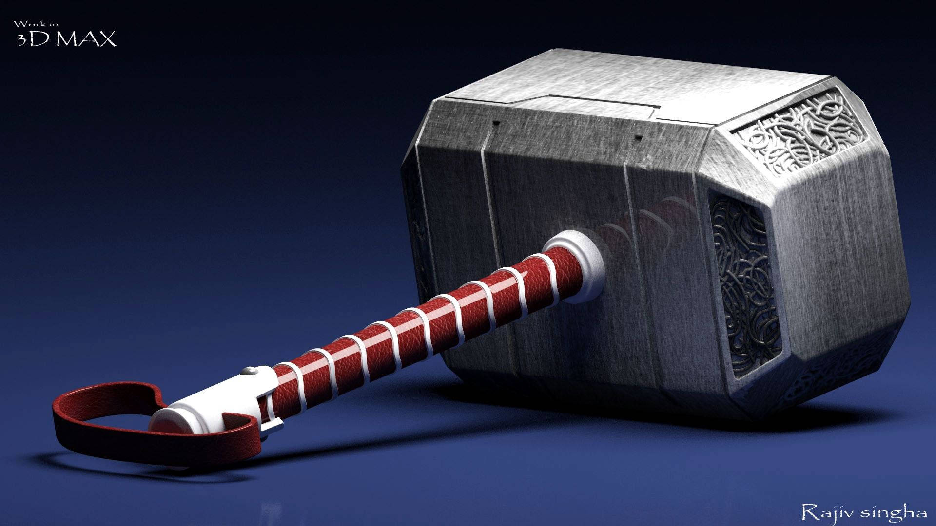 Thor Hammer 桌布 壁紙 — 一個詳細的3D渲染雷神之鎚妙爾尼爾，帶有紅色纏繞手柄和銀色鎚頭，放置在深藍色表面上。