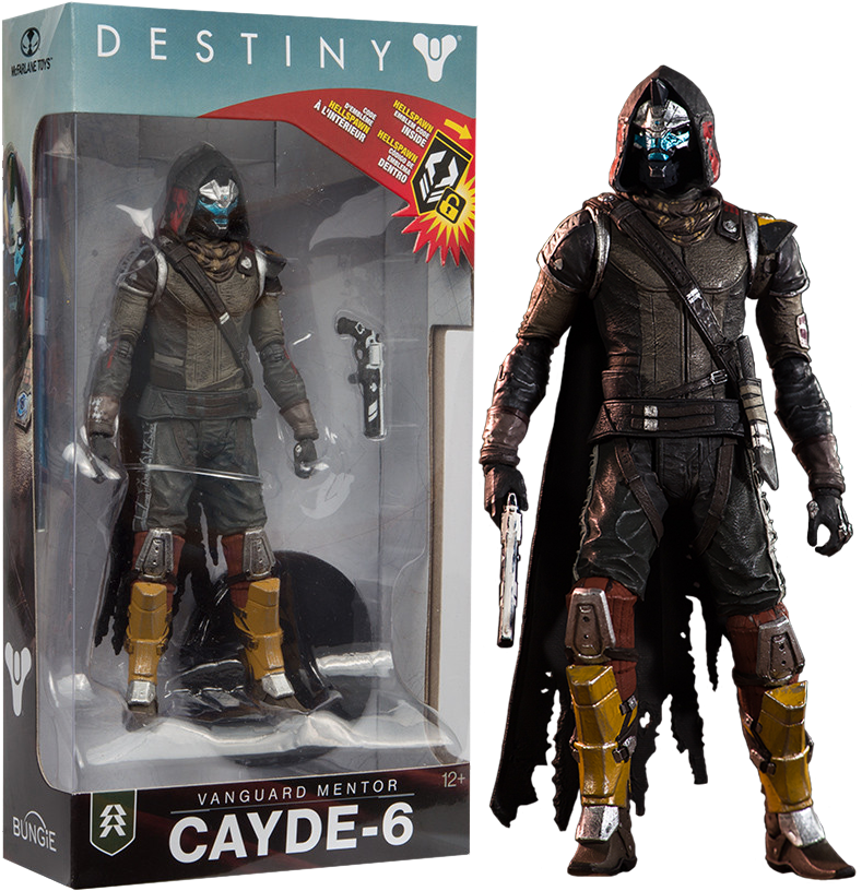 天命2 桌布 壁紙 — 一個詳細的Destiny Cayde-6可動人偶站在其包裝旁邊，展示他的裝甲服和發光的藍色面罩。
