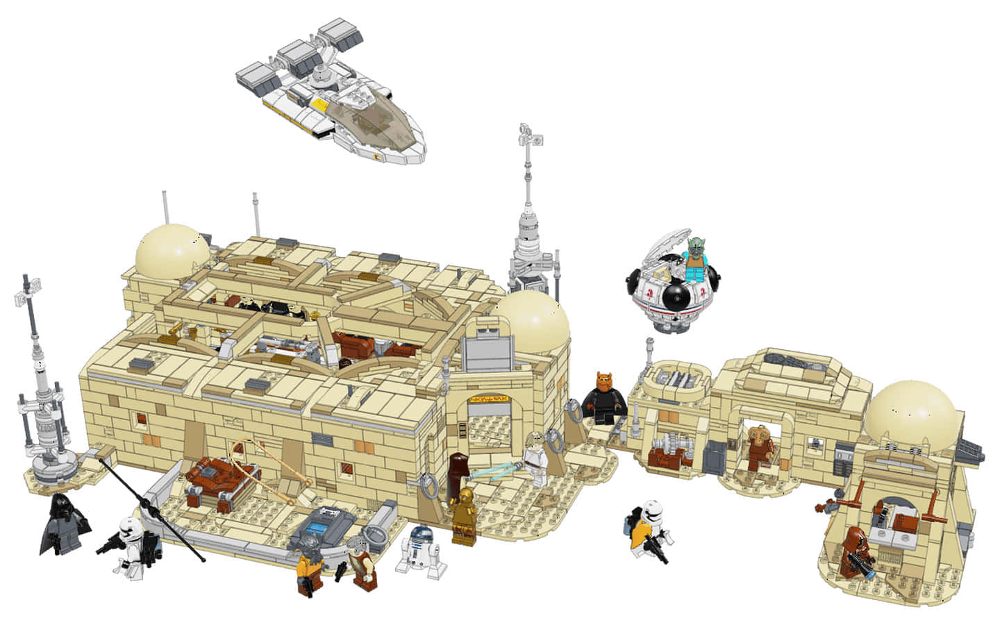 Mos Eisley 桌布 壁紙 — 一個詳細的LEGO Star Wars Mos Eisley Cantina套裝，包含人偶和太空船，背景為白色。
