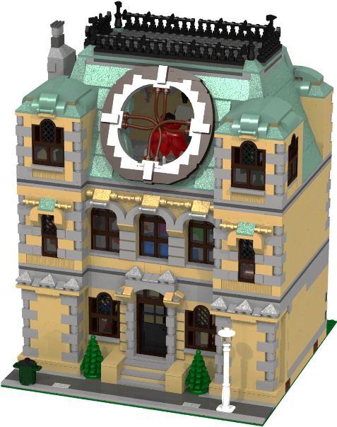 樂高 桌布 壁紙 — 一個詳細的LEGO模型，展示了一座宏偉的黃色和灰色鐘樓建築，帶有拱形窗戶和紅色鐘面。