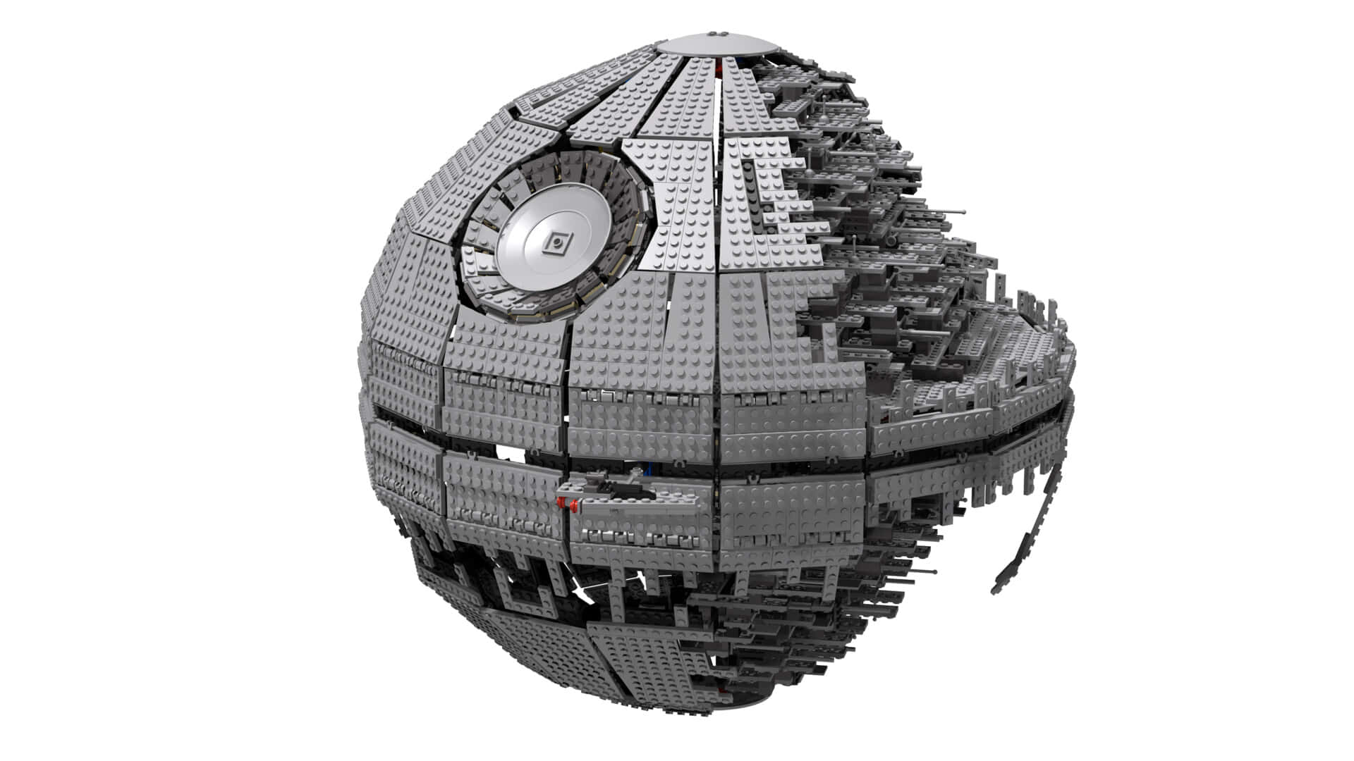Death Star Ii 桌布 壁紙 — 一個詳細的LEGO死星模型，在白色背景上可見凸點和複雜的鑲板。