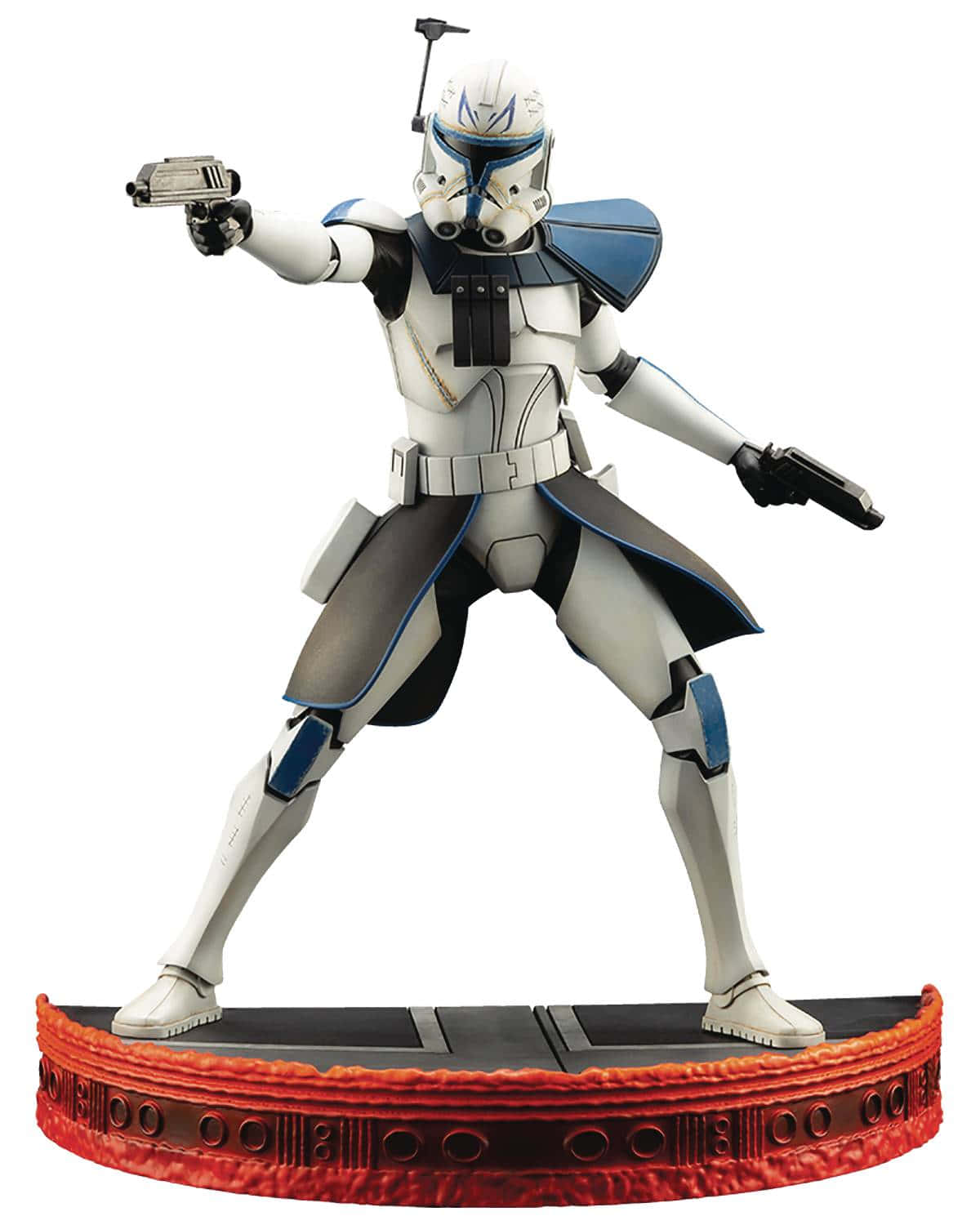 Star Wars Space 桌布 壁紙 — 一個詳細的克隆人士兵雕像，身穿白色裝甲帶有藍色點綴，瞄準爆能槍。
