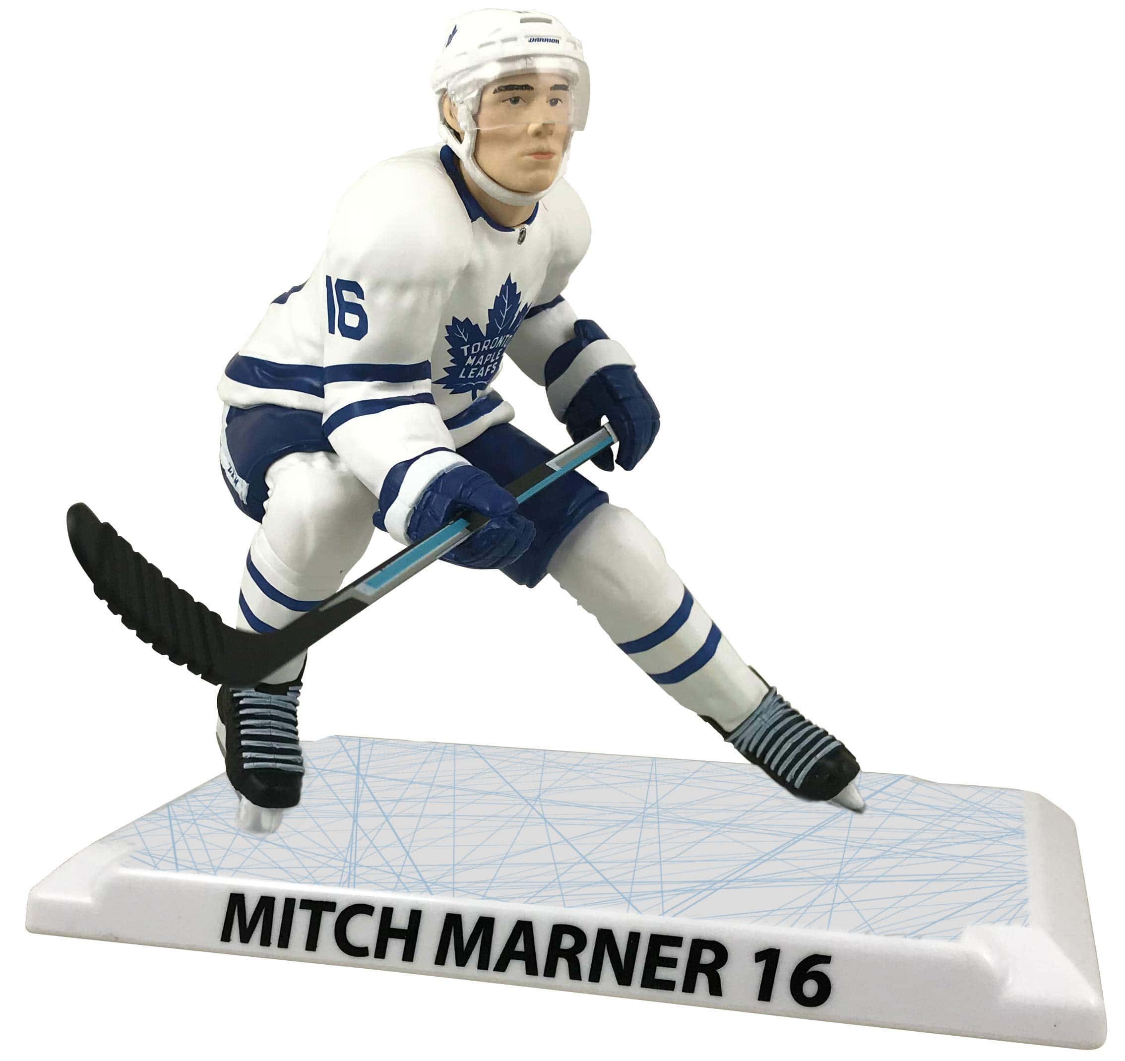 toys 桌布 壁紙 — 一個詳細的冰球運動員米奇·馬納（Mitch Marner）穿著多倫多楓葉隊裝備蹲在冰場底座上的公仔。