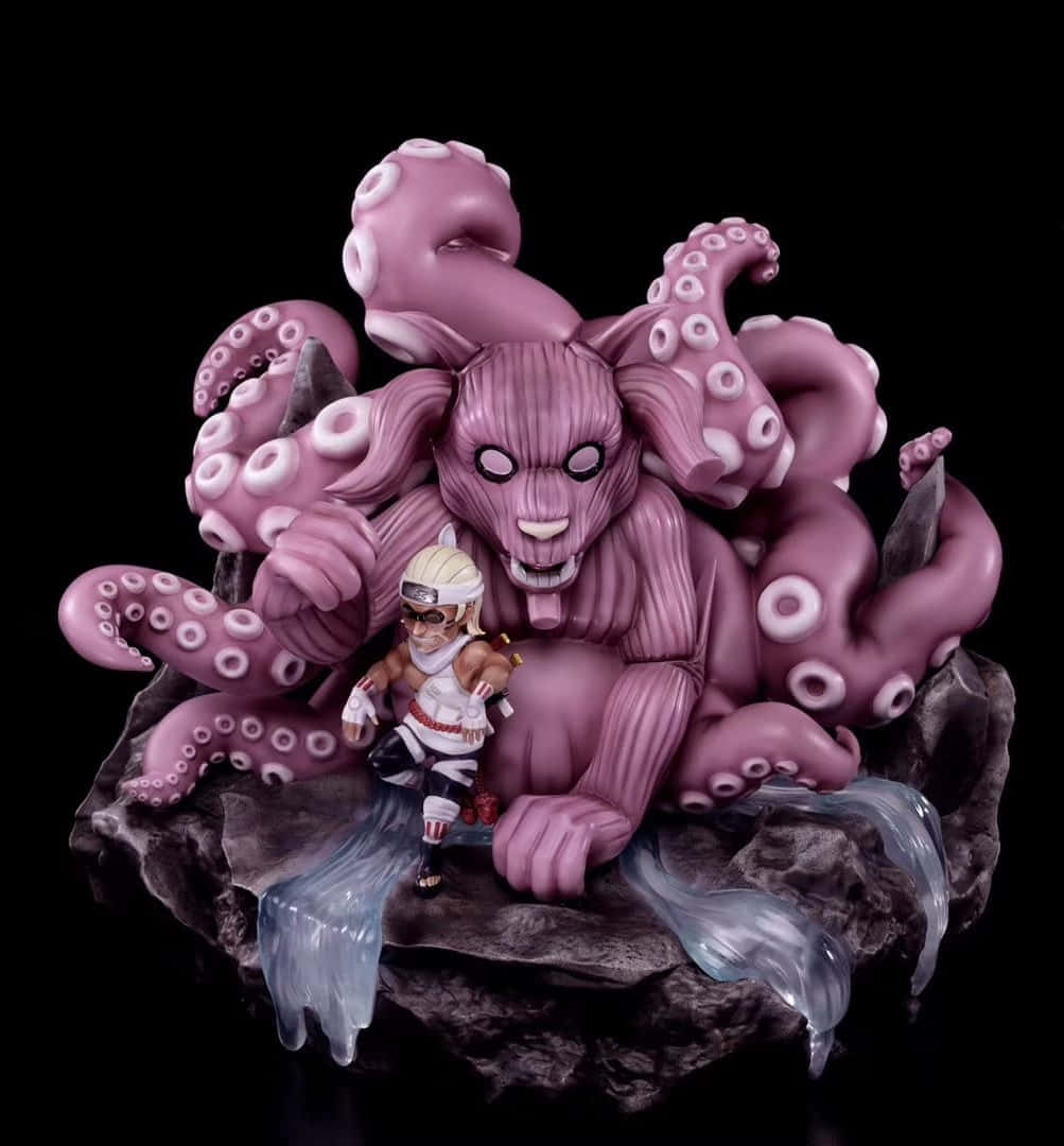 Gyuki 桌布 壁紙 — 一個詳細的動漫公仔，一個小忍者站在一個巨大的紫色章魚狀野獸面前，帶有流動的水效果。