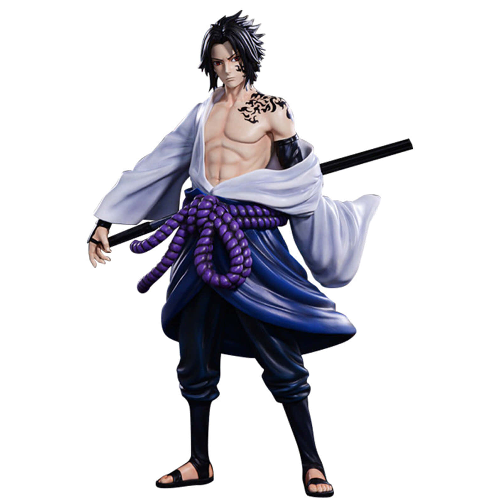 Sasuke 桌布 壁紙 — 一個詳細的動漫公仔，描繪一位肌肉發達的男性戰士，擁有尖刺黑髮和紫色繩索腰帶，手持劍。