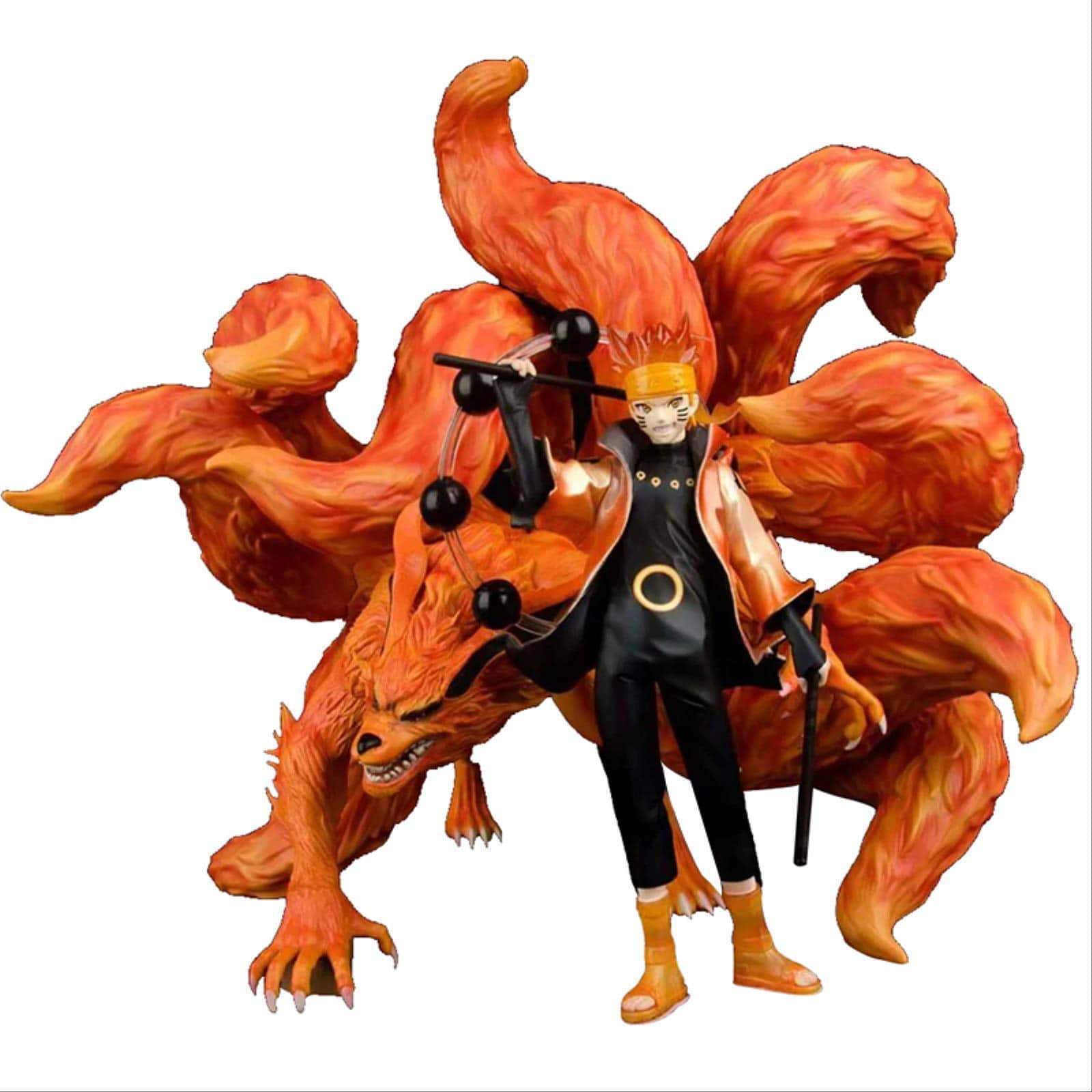 Tailed Beasts 桌布 壁紙 — 一個詳細的動漫公仔，描繪鳴人在九尾查克拉模式下，帶有火橙色尾巴和黑色服裝。