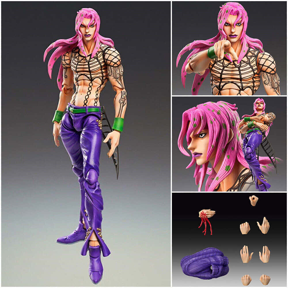 Jojo's Bizarre Adventure Diavolo 桌布 壁紙 — 一個詳細的動漫可動人偶，角色擁有粉紅色頭髮和紫色褲子，配有可互換部件，動態擺姿勢。
