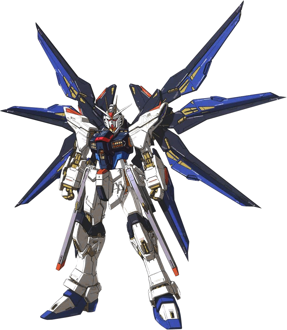 機動戰士鋼彈 桌布 壁紙 — 一個詳細的動漫風格機動戰士，身穿藍、白、金色裝甲，站在條紋背景前。