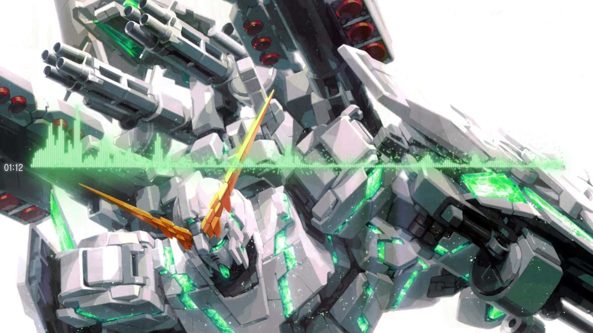 Gundam Unicorn 桌布 壁紙 — 一個詳細的動漫風格機甲，帶有發光的綠色點綴和橙色劍斬，背景為亮白色。