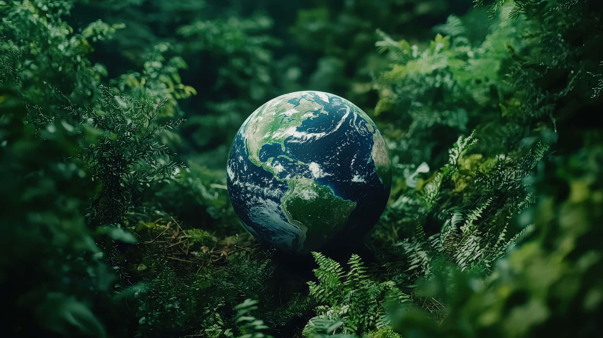 Planet Earth surrounded by lush green nature symbolizing nature conservation, 壁紙 — 一個詳細的地球儀放在茂密森林中茂盛的綠色蕨類和苔蘚之間。
