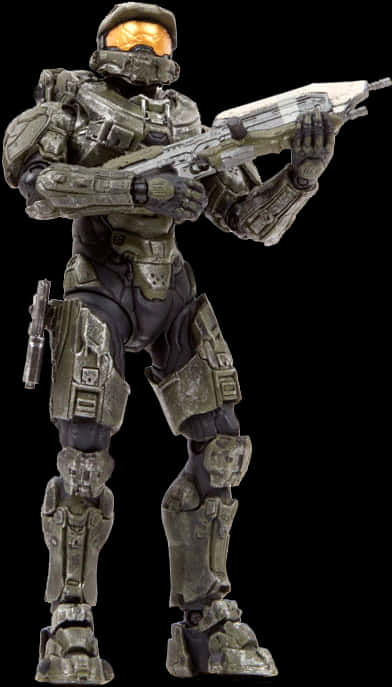 Master Chief 桌布 壁紙 — 一個詳細的士官長動作人偶，身穿全套盔甲，手持步槍，背景為黑色。