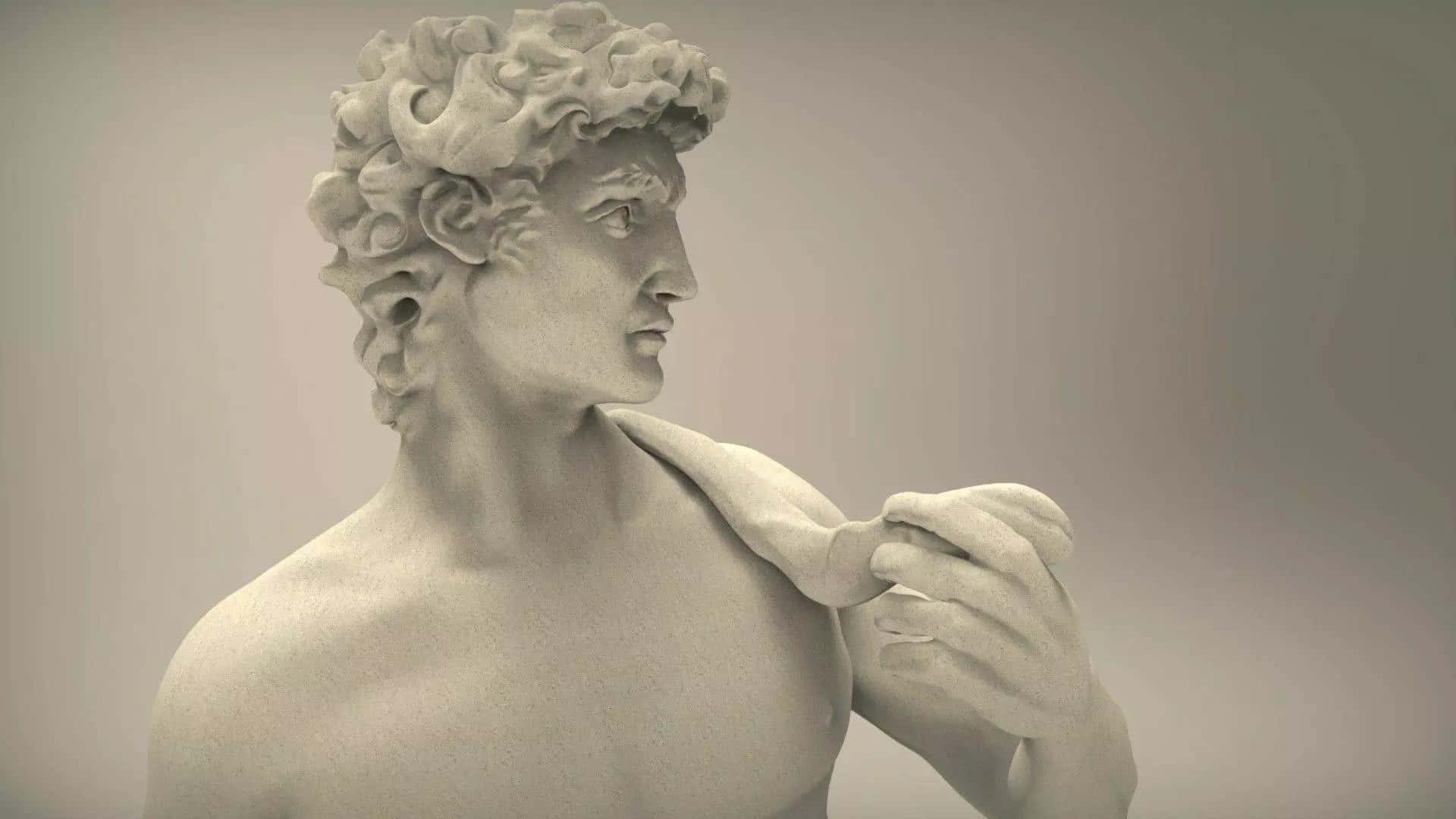 Michelangelo 桌布 壁紙 — 一個詳細的大理石半身像，描繪一個古典男性形象，擁有捲髮和肌肉發達的肩膀，背景為柔和的灰色。