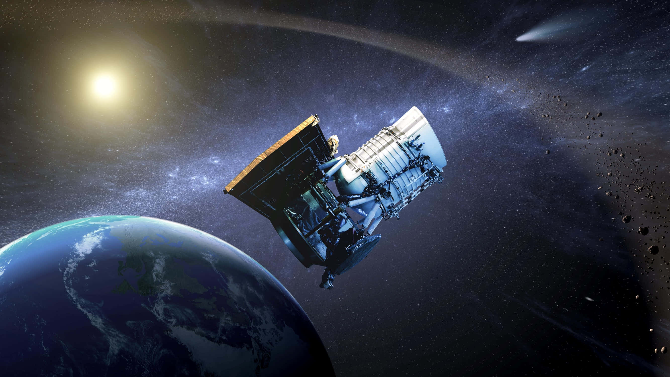 NASA 動態圖片 桌布 壁紙 — 一個詳細的太空望遠鏡在地球軌道上運行，背景是繁星點點，明亮的太陽照射在其金屬結構上。