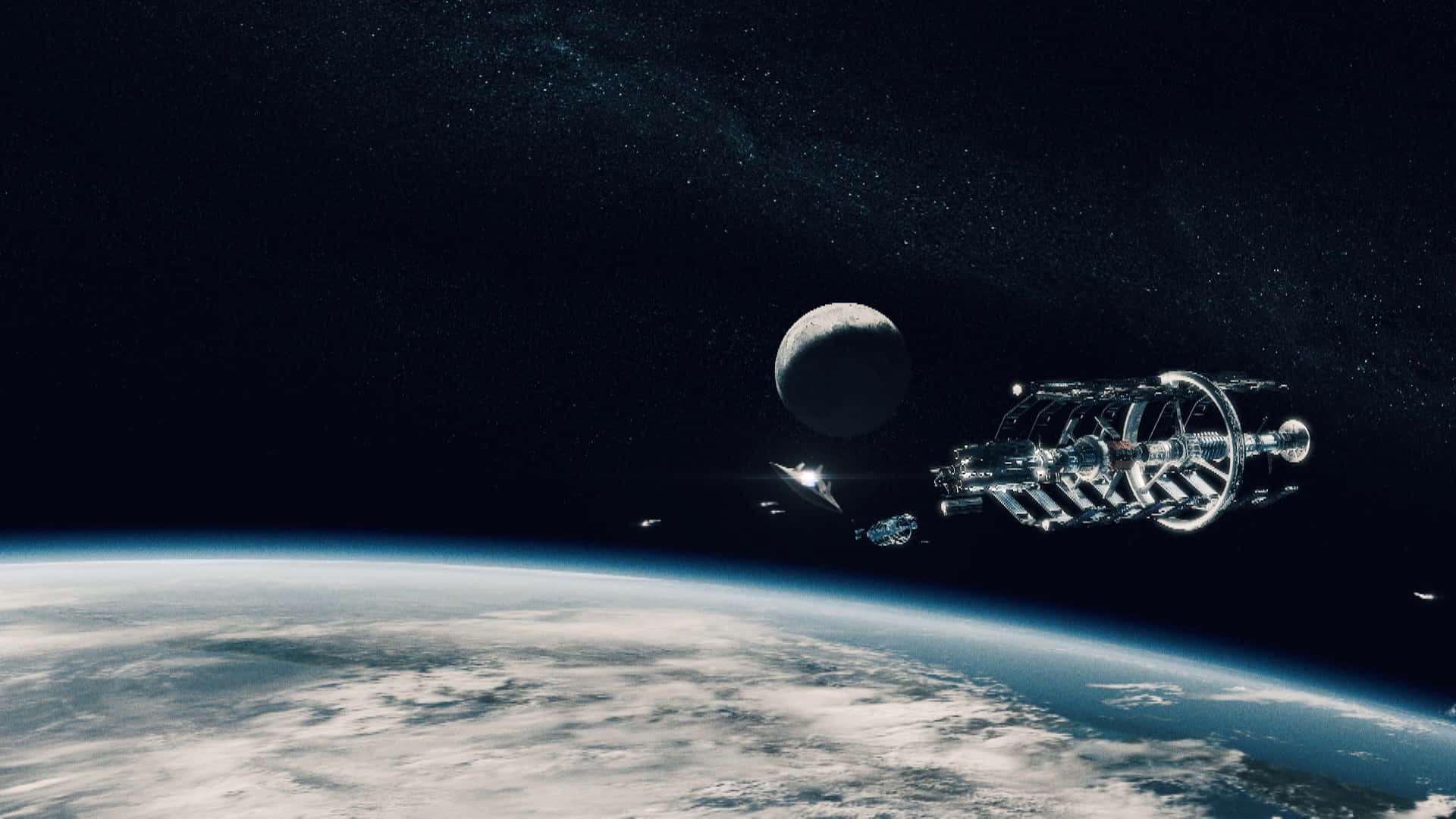 Civilization Beyond Earth 桌布 壁紙 — 一個詳細的太空站繞地球運行，背景是月球和星空虛空。