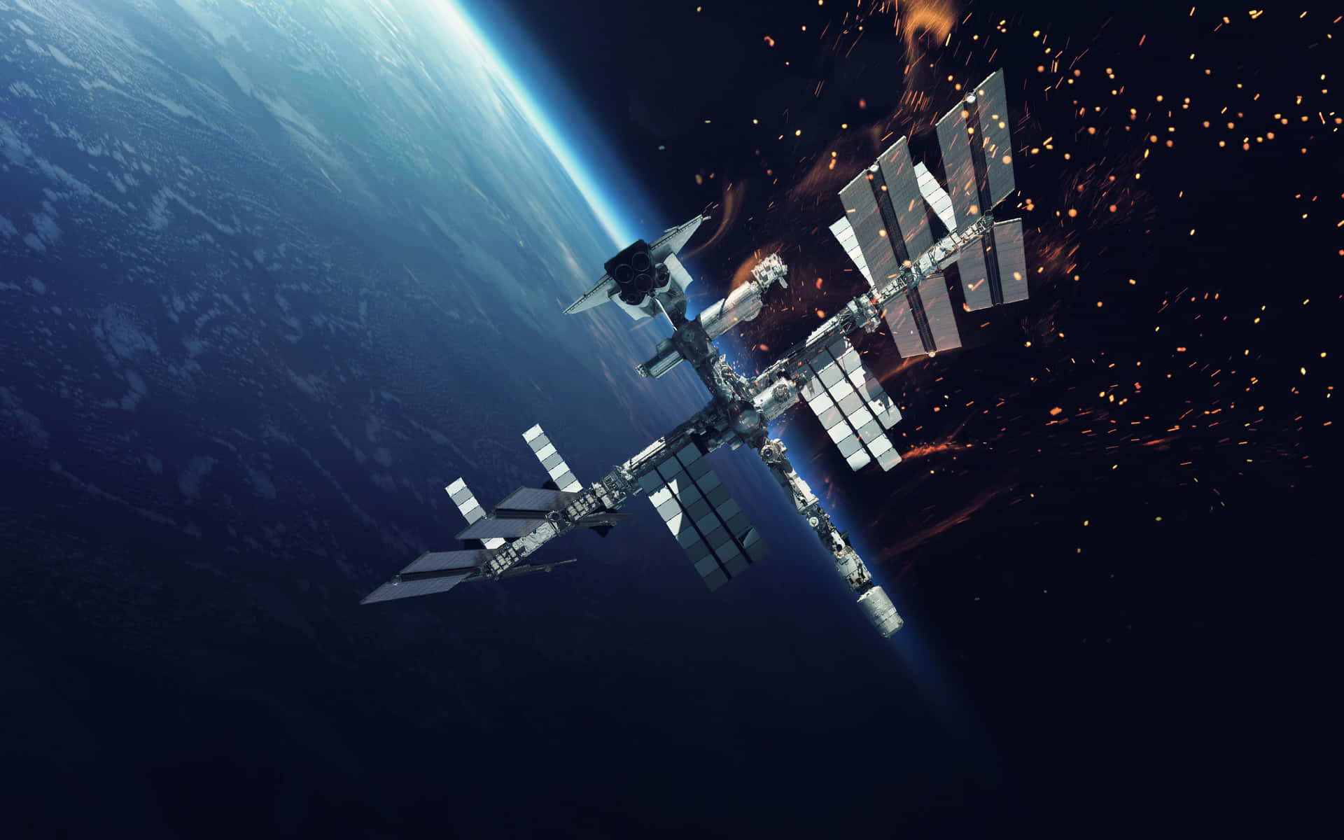 Satellite 桌布 壁紙 — 一個詳細的太空站繞地球運行，身後拖著熾熱的碎片，映襯著黑暗的宇宙。