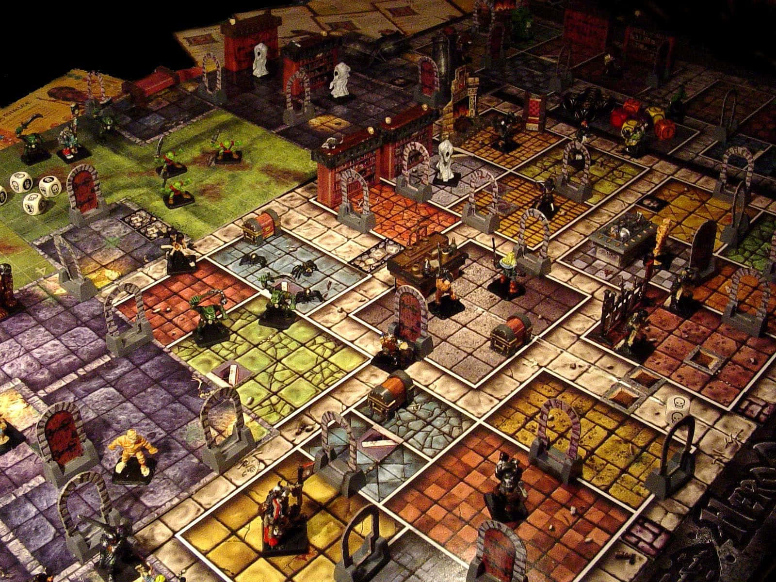 Dungeons And Dragons 桌布 壁紙 — 一個詳細的奇幻桌上戰爭遊戲的俯視圖，包含彩色瓷磚地形上的微縮模型和發光骰子。