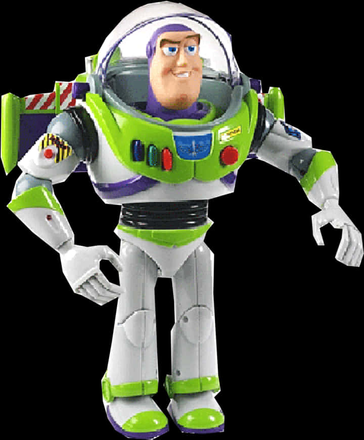 Toy Story Characters 桌布 壁紙 — 一個詳細的巴斯光年玩具人偶，身穿其標誌性的綠色和白色太空服，帶有紫色點綴和頭盔。
