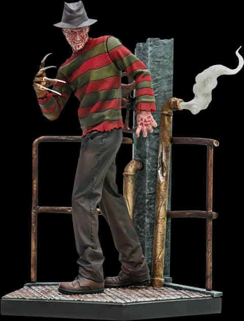 Freddy Krueger 桌布 壁紙 — 一個詳細的弗雷迪·克魯格雕像，穿著他標誌性的條紋毛衣和帽子，威嚇地站在金屬平台上的冒煙管旁邊。