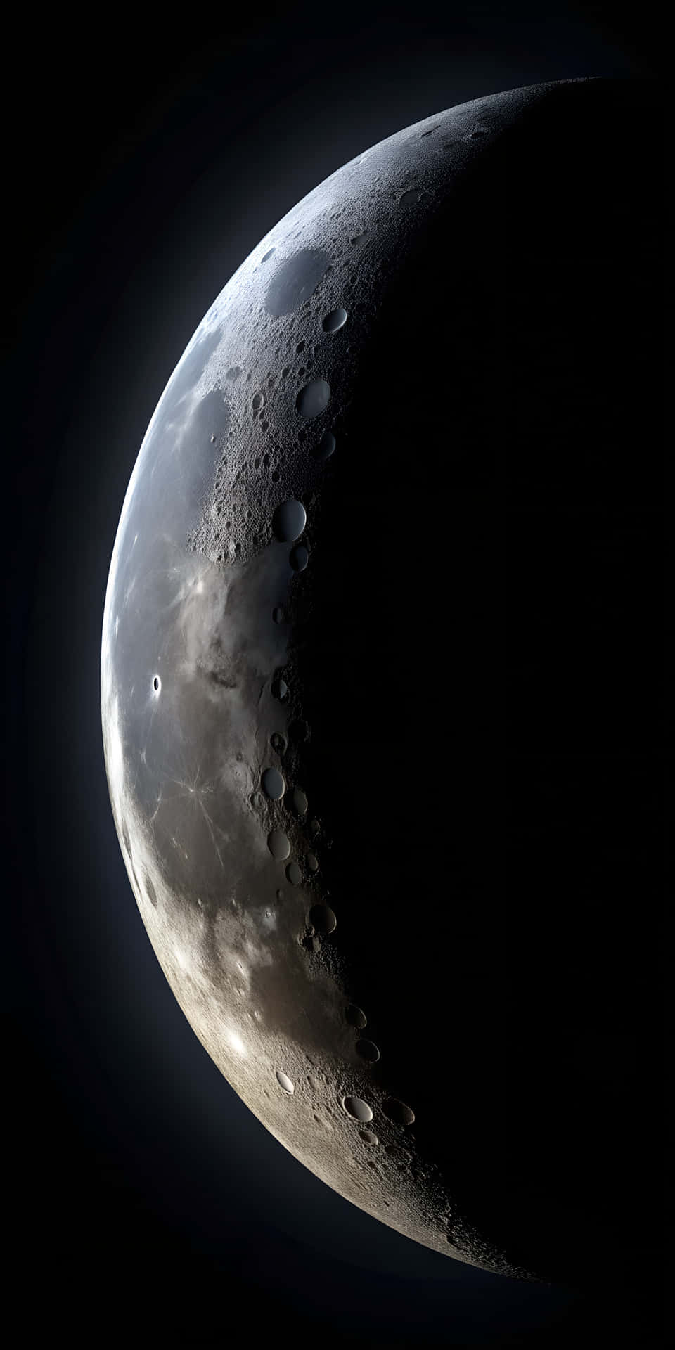 Subtle Glowing Crescent Moon Emerging from Deep Black Background 壁紙 — 一個詳細的彎月，帶有隕石坑和陰影，在單一光源照射下主宰著黑色虛空。