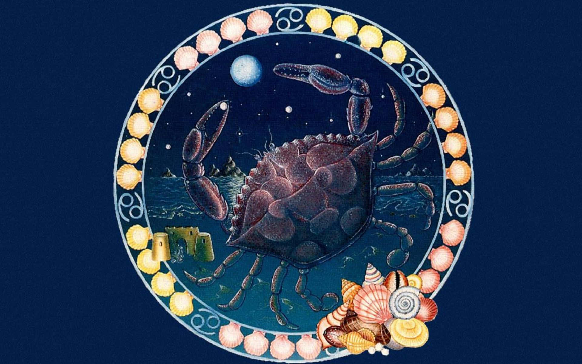 Cancer Zodiac Sign 桌布 壁紙 — 一個詳細的插圖，中央是一隻螃蟹，位於圓形框架內，框架裝飾著色彩繽紛的貝殼，背景是星空夜空。