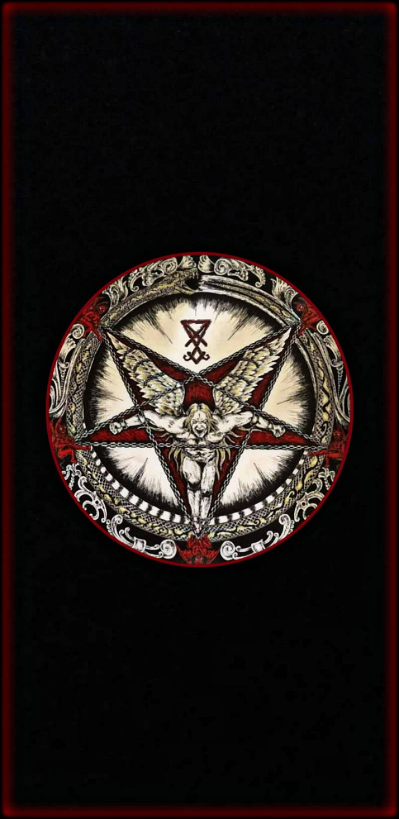 Pentagram 桌布 壁紙 — 一個詳細的插圖，描繪了一個被鎖鏈束縛在五角星內的帶翼人物，以華麗的紅色和銀色邊框框住，背景為黑色。
